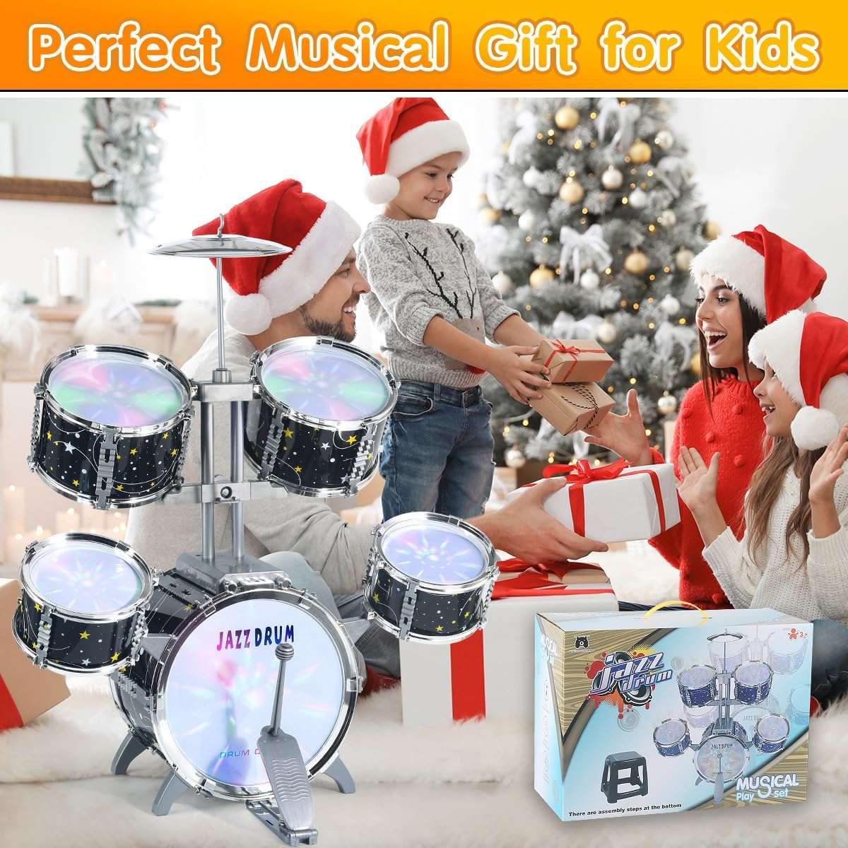 batería de juguete infantil con luces, pedal, taburete y diseño de estrellas para niños