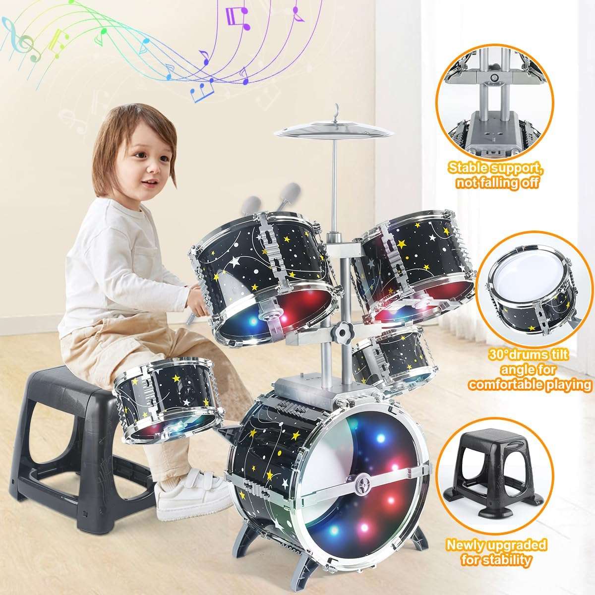 batería de juguete infantil con luces, pedal, taburete y diseño de estrellas para niños