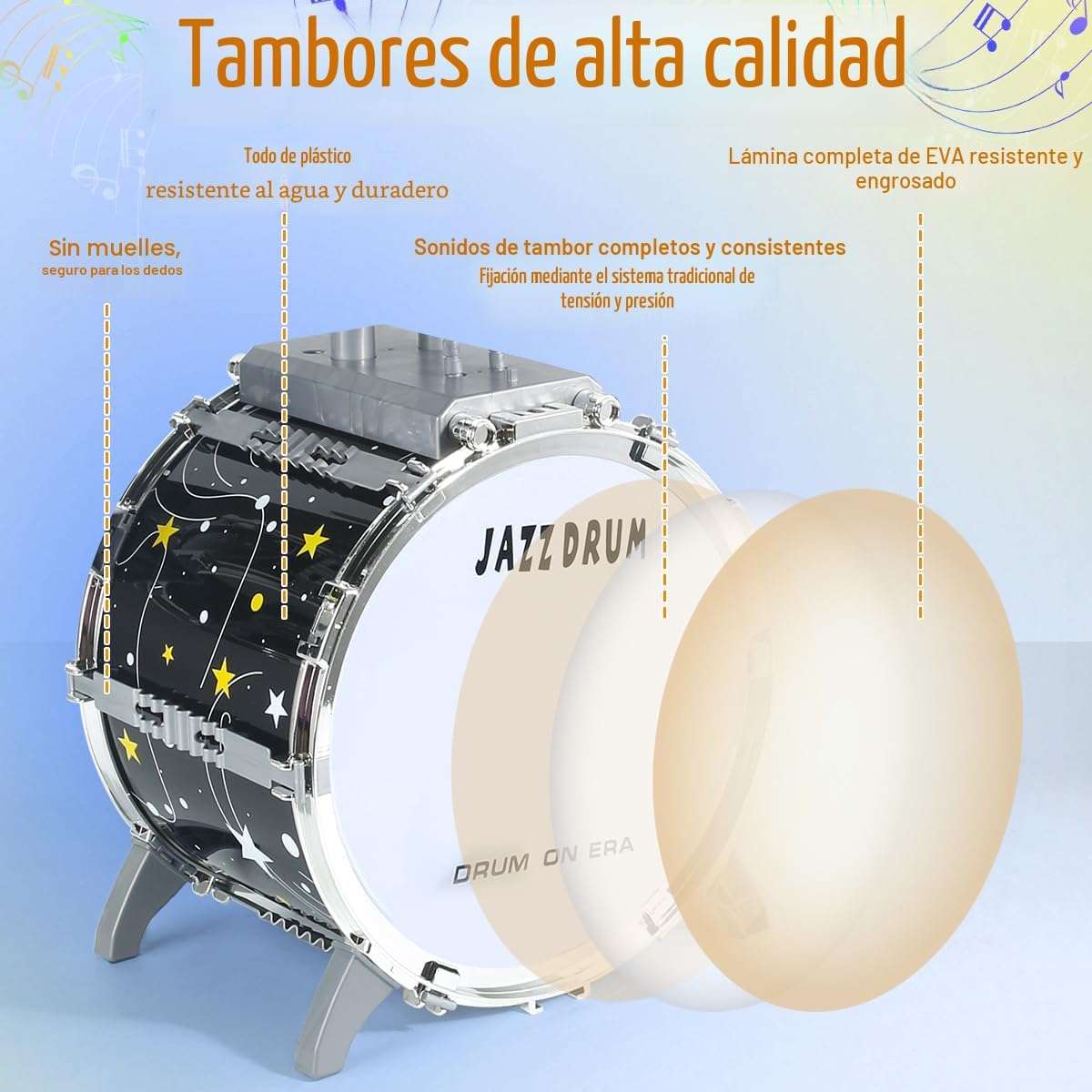 batería de juguete infantil con luces, pedal, taburete y diseño de estrellas para niños
