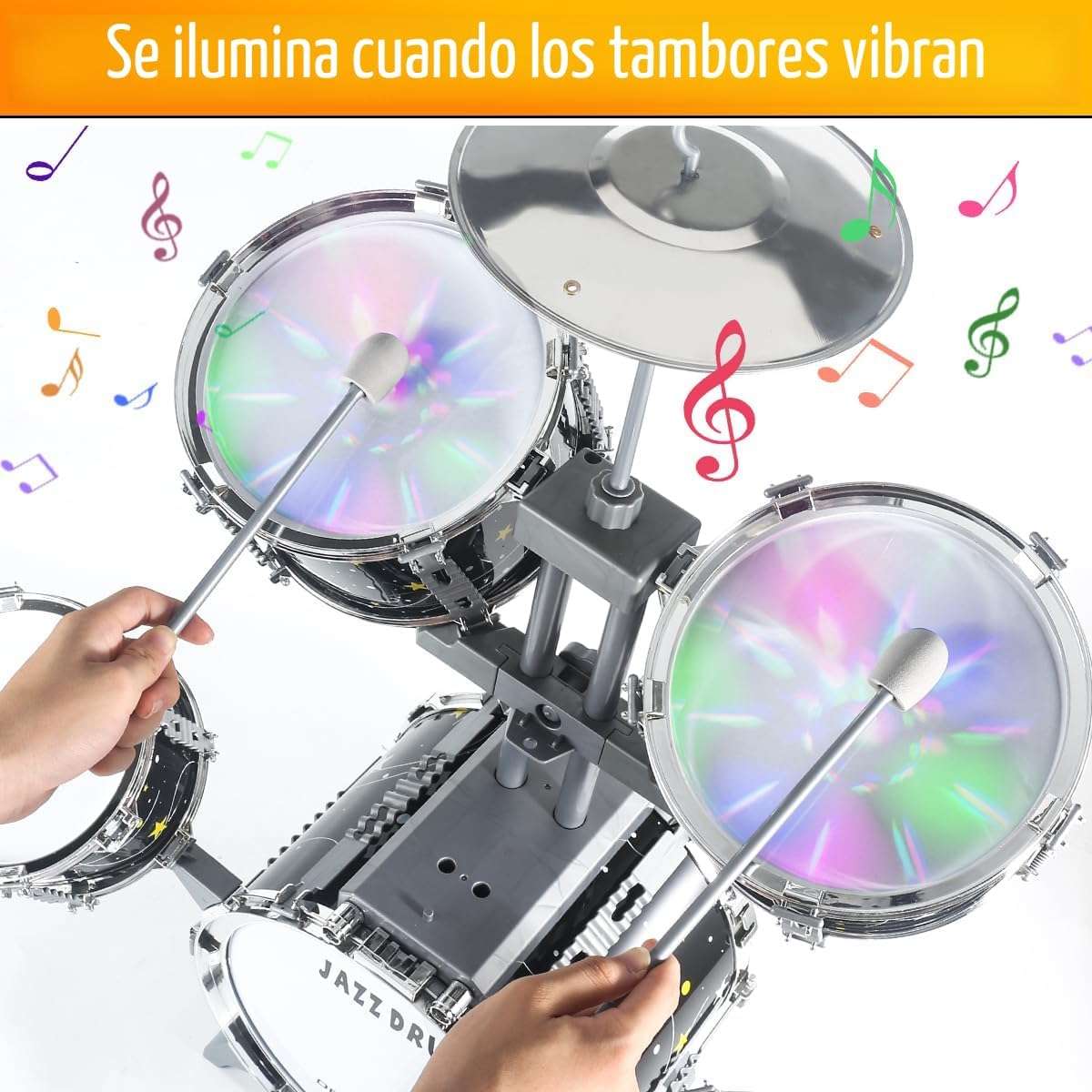 batería de juguete infantil con luces, pedal, taburete y diseño de estrellas para niños