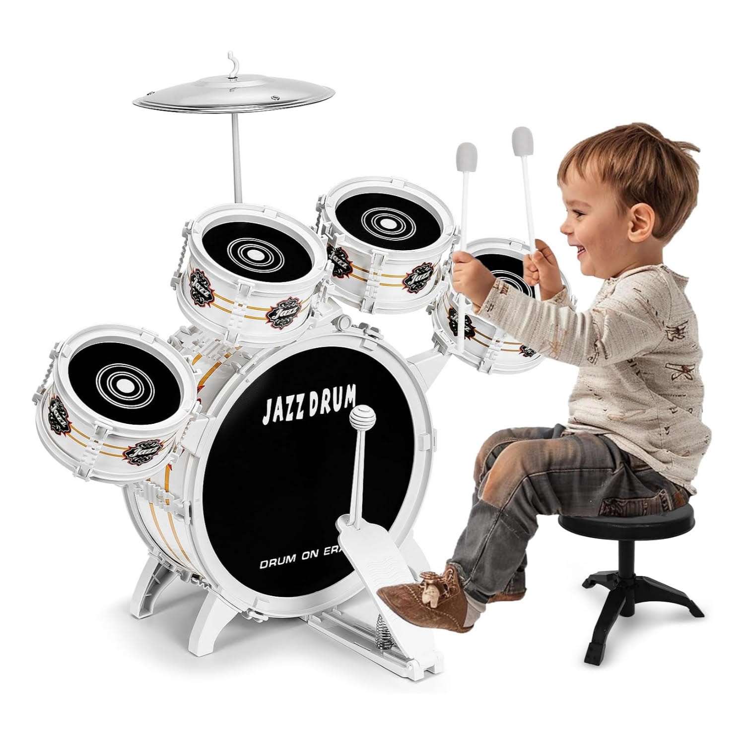 batería de juguete infantil de 5 piezas con taburete y platillo para niños pequeños