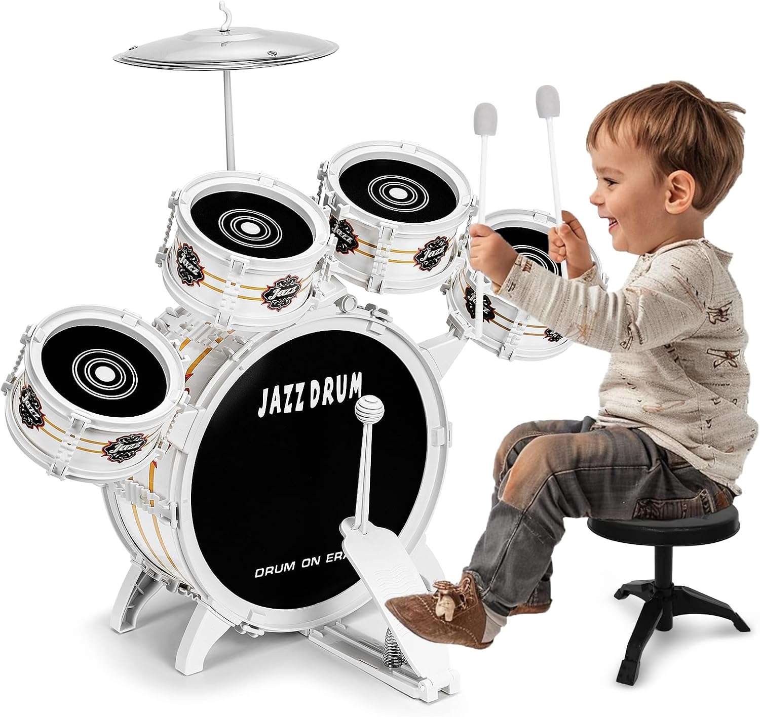 batería de juguete infantil de 5 piezas con taburete y platillo para niños pequeños