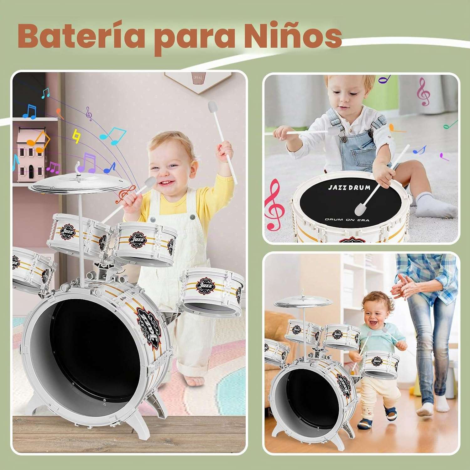 batería de juguete infantil de 5 piezas con taburete y platillo para niños pequeños