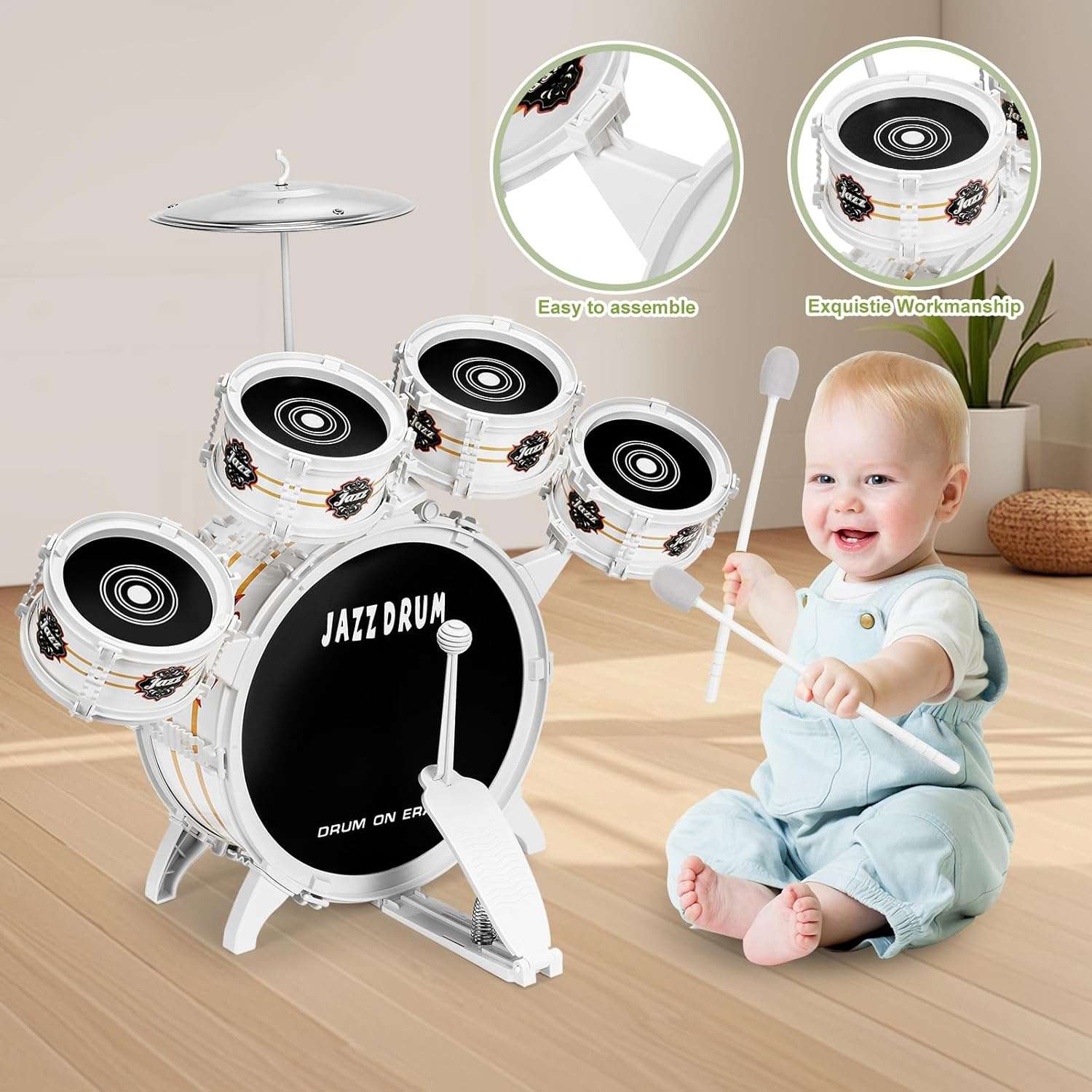 batería de juguete infantil de 5 piezas con taburete y platillo para niños pequeños