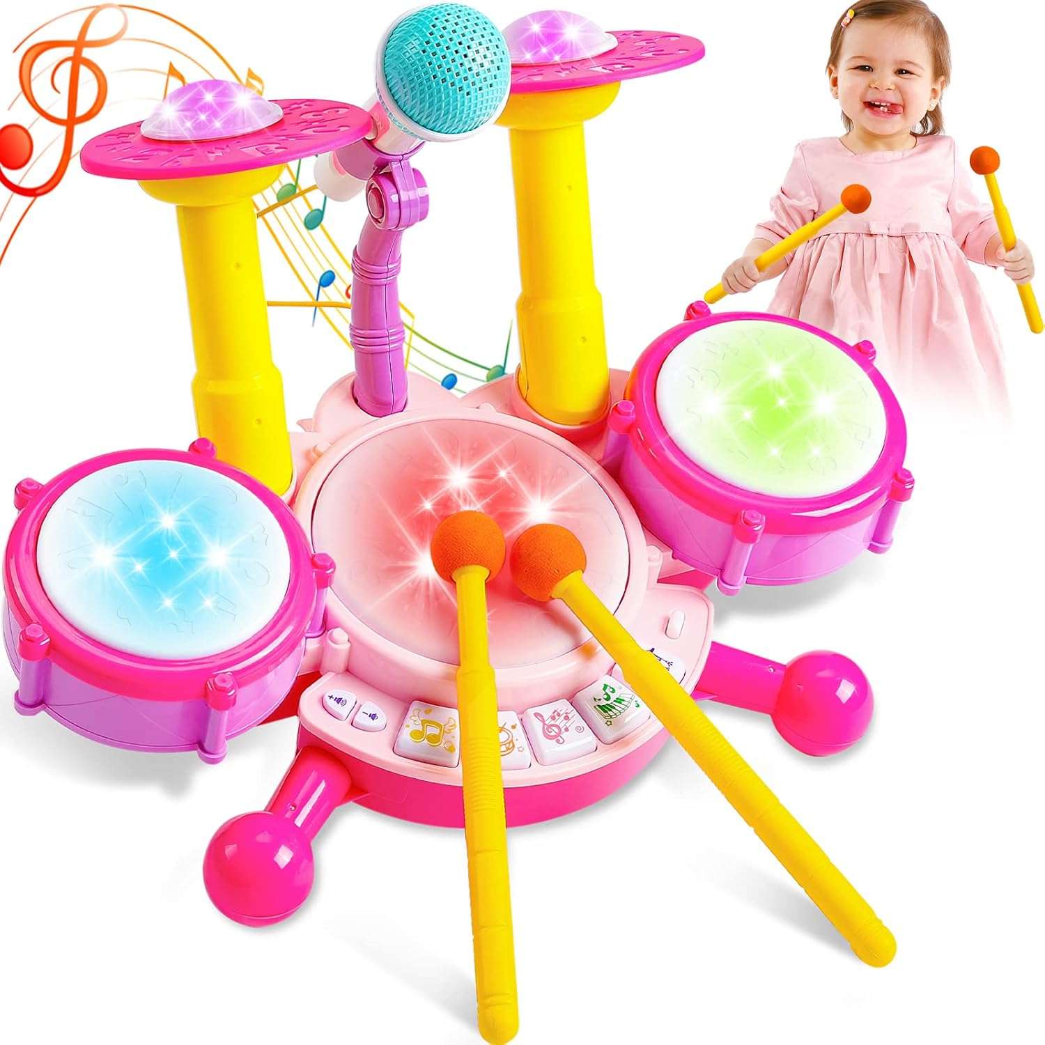batería musical rosa con micrófono, luces y tambores para niñas y bebés