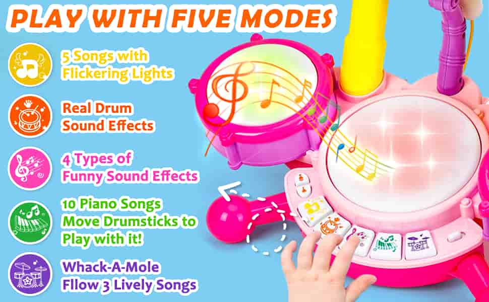 batería musical rosa con micrófono, luces y tambores para niñas y bebés