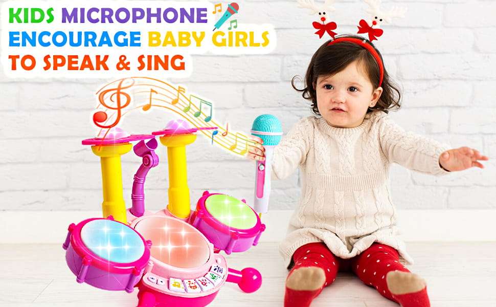 batería musical rosa con micrófono, luces y tambores para niñas y bebés