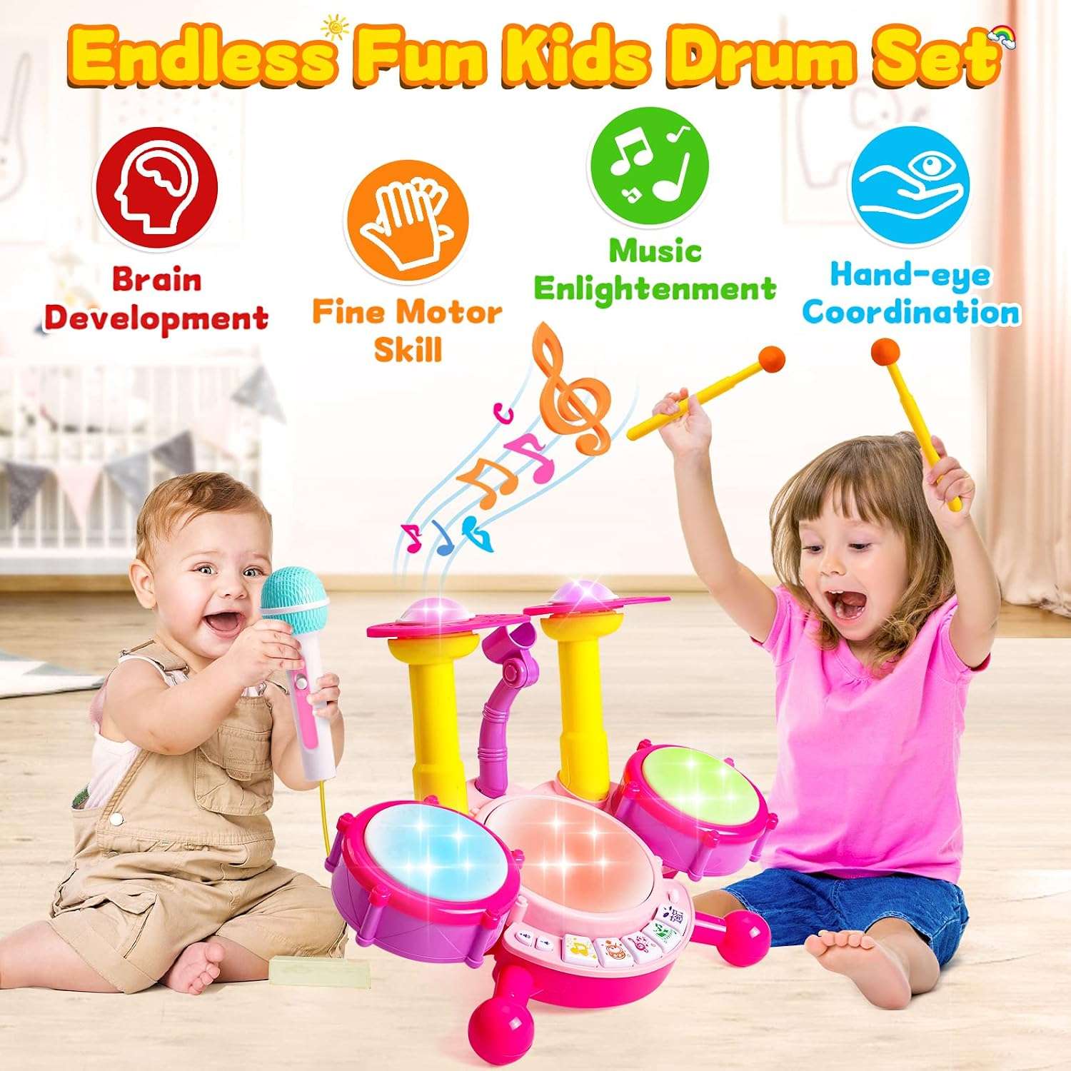 batería musical rosa con micrófono, luces y tambores para niñas y bebés