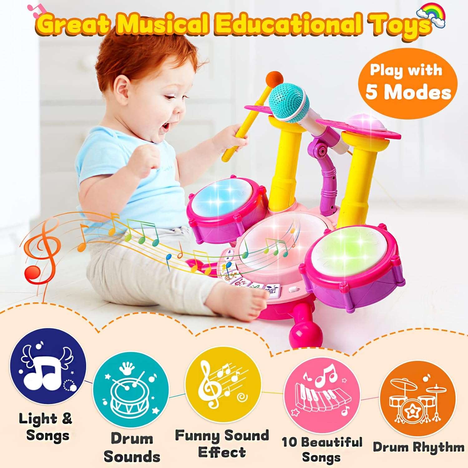 batería musical rosa con micrófono, luces y tambores para niñas y bebés