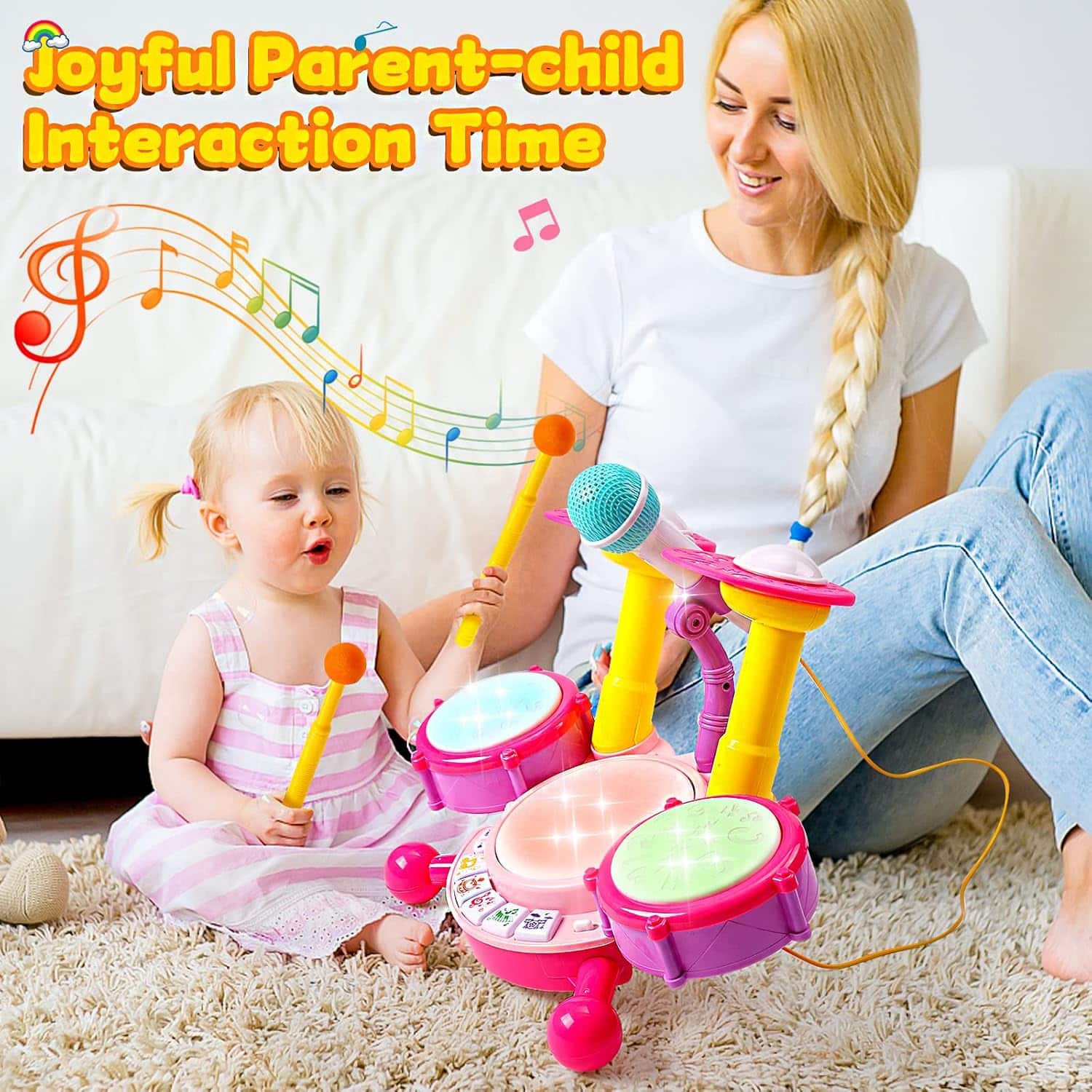batería musical rosa con micrófono, luces y tambores para niñas y bebés