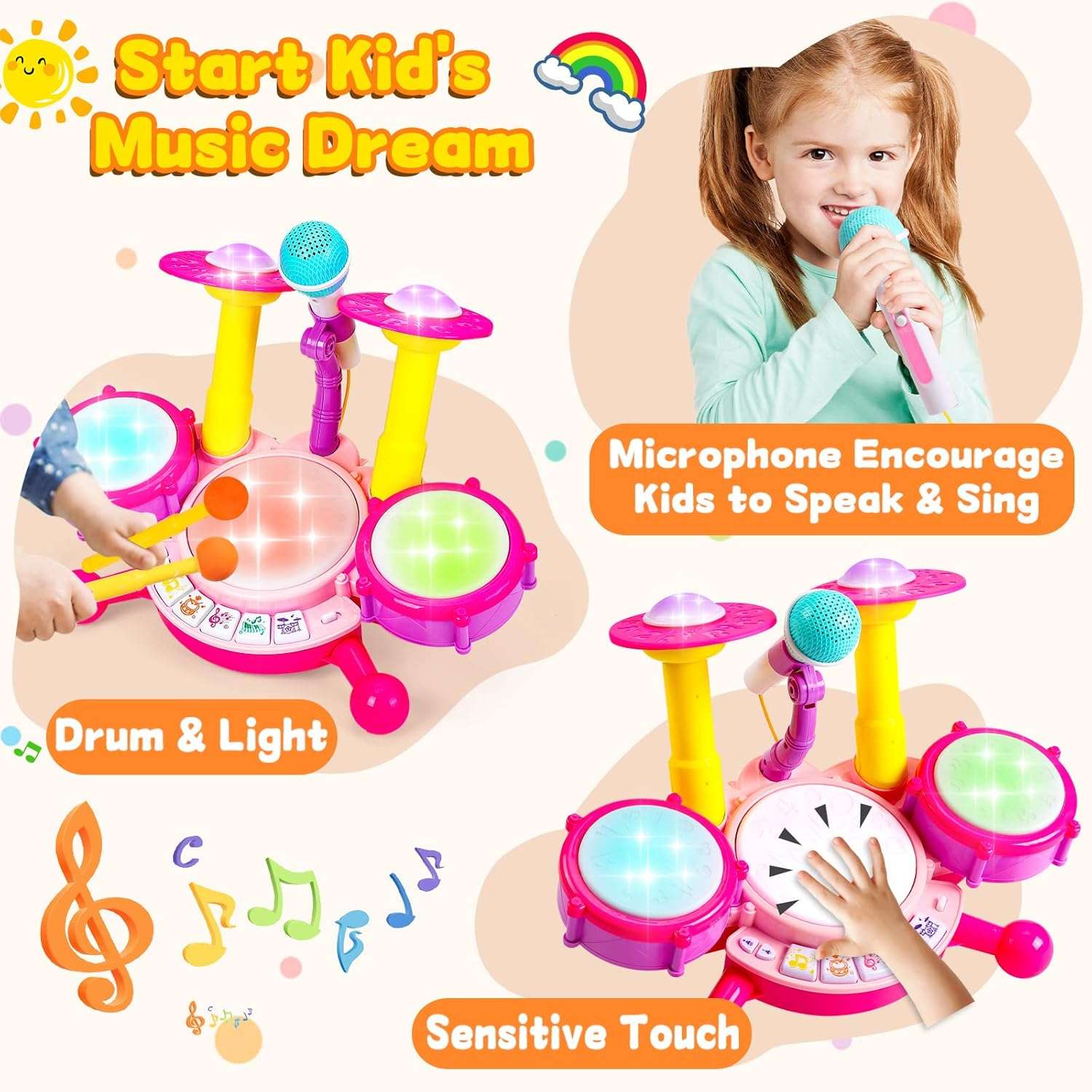 batería musical rosa con micrófono, luces y tambores para niñas y bebés