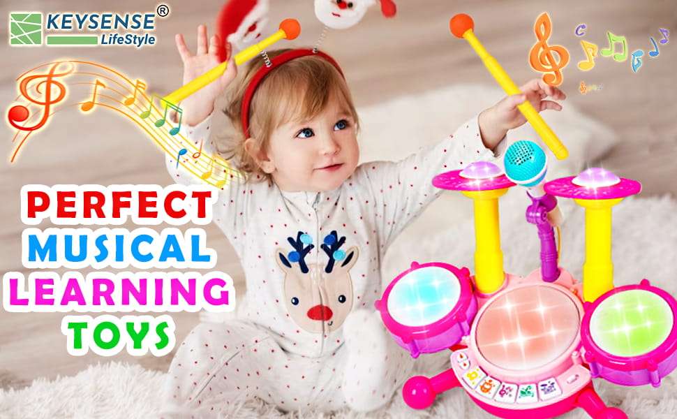 batería musical rosa con micrófono, luces y tambores para niñas y bebés