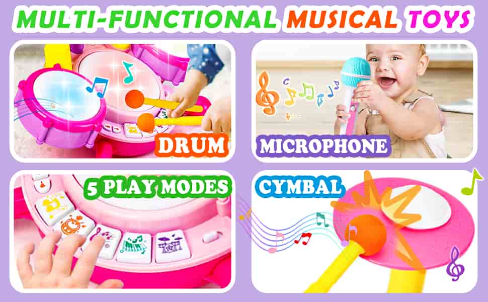 batería musical rosa con micrófono, luces y tambores para niñas y bebés