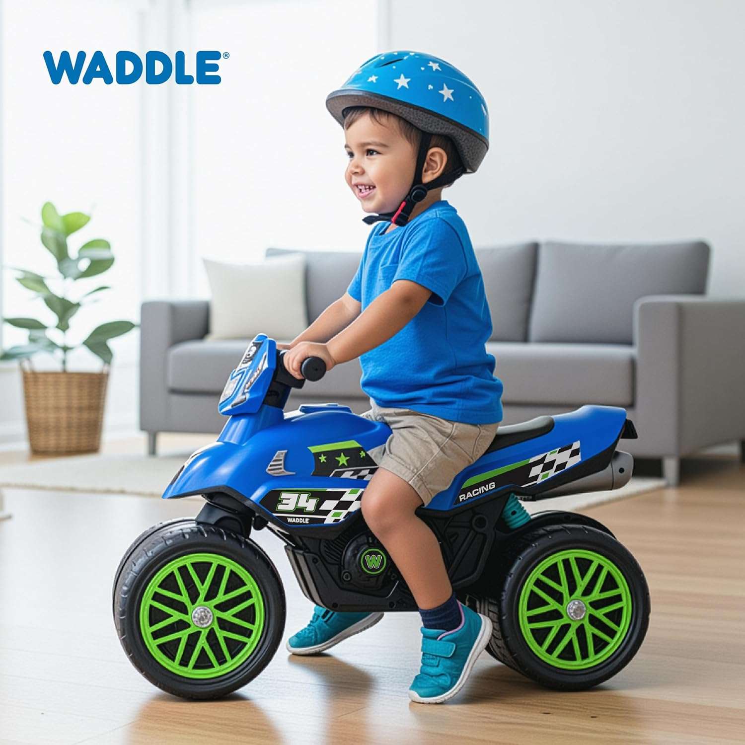 moto de juguete azul con sonidos y ruedas de goma para niños pequeños
