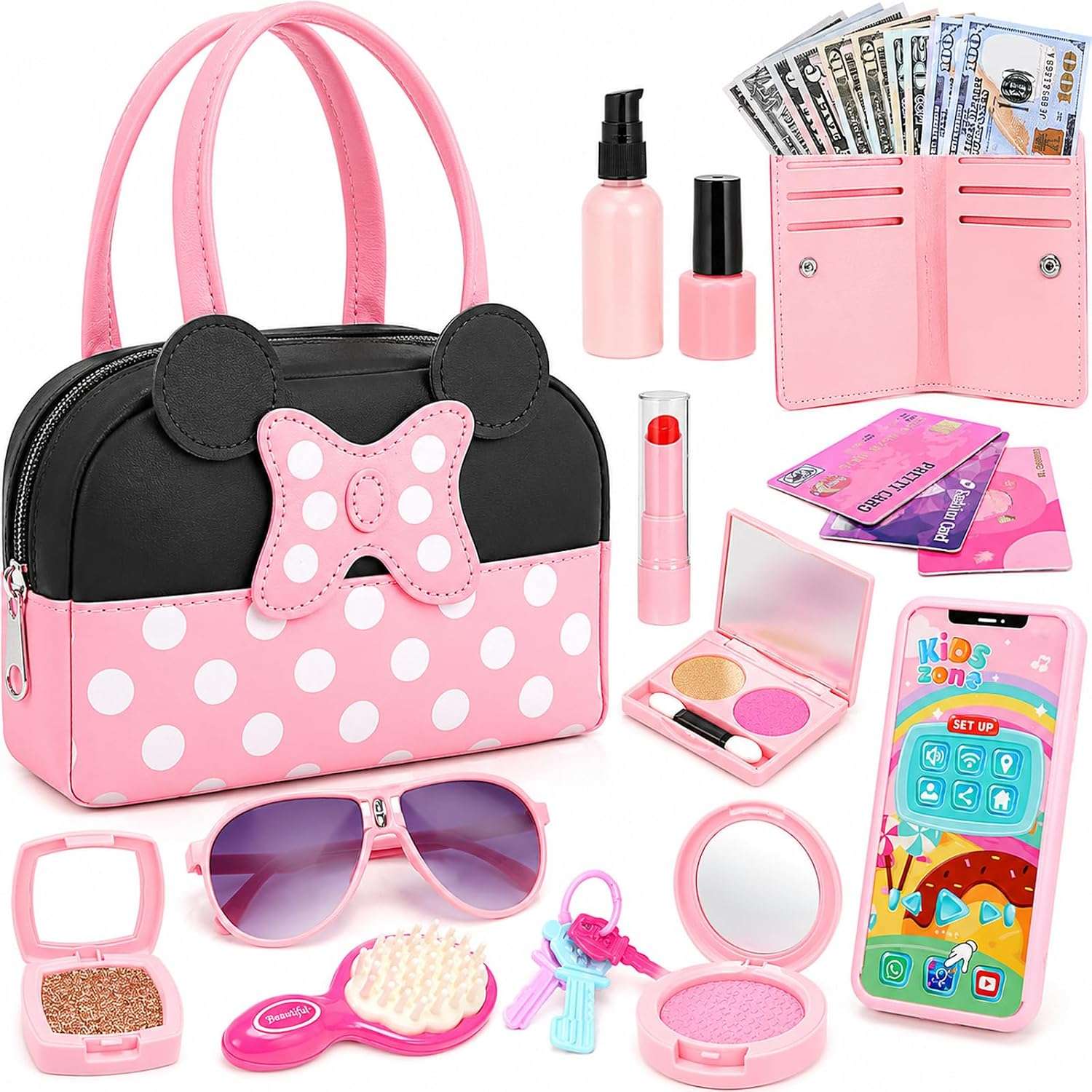bolso de juguete para niñas con maquillaje falso, teléfono con sonido y accesorios