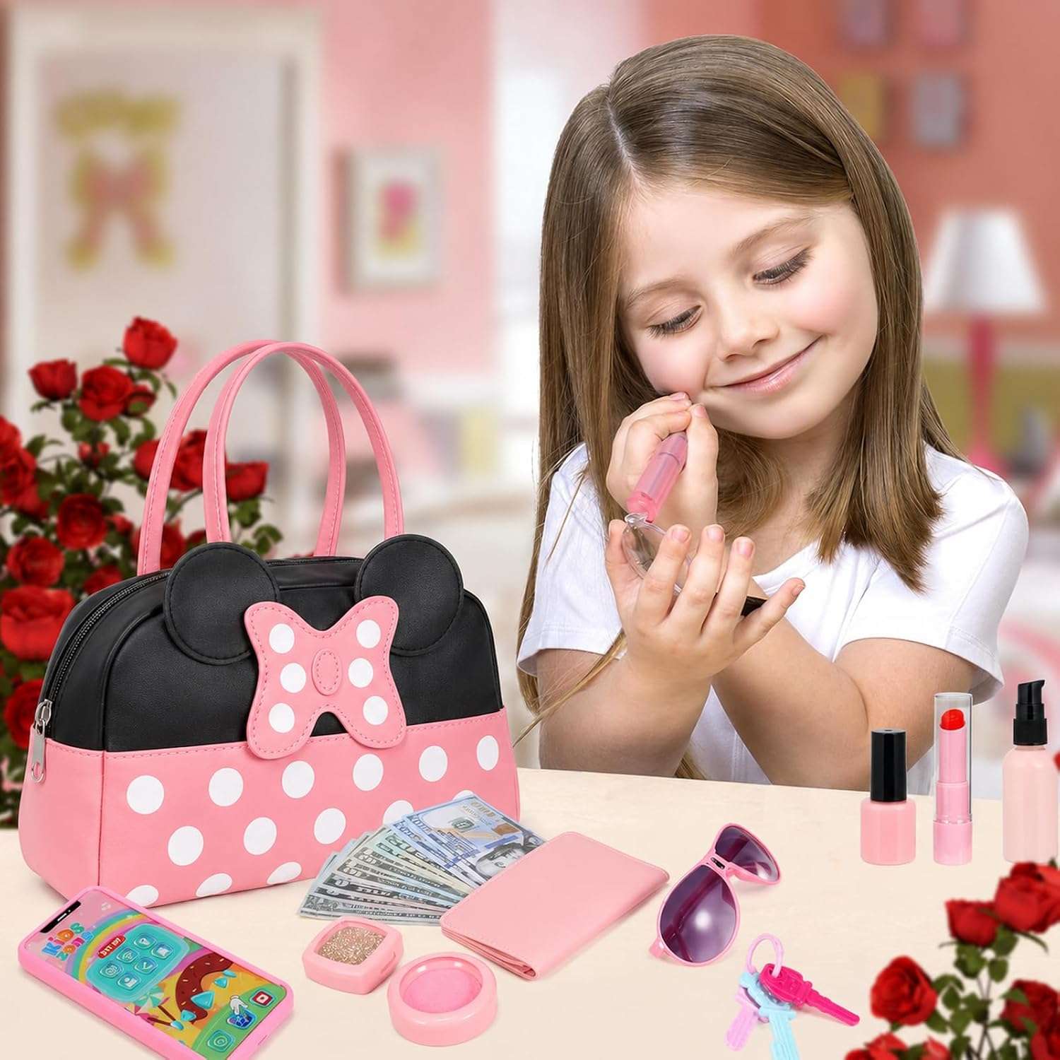 bolso de juguete para niñas con maquillaje falso, teléfono con sonido y accesorios