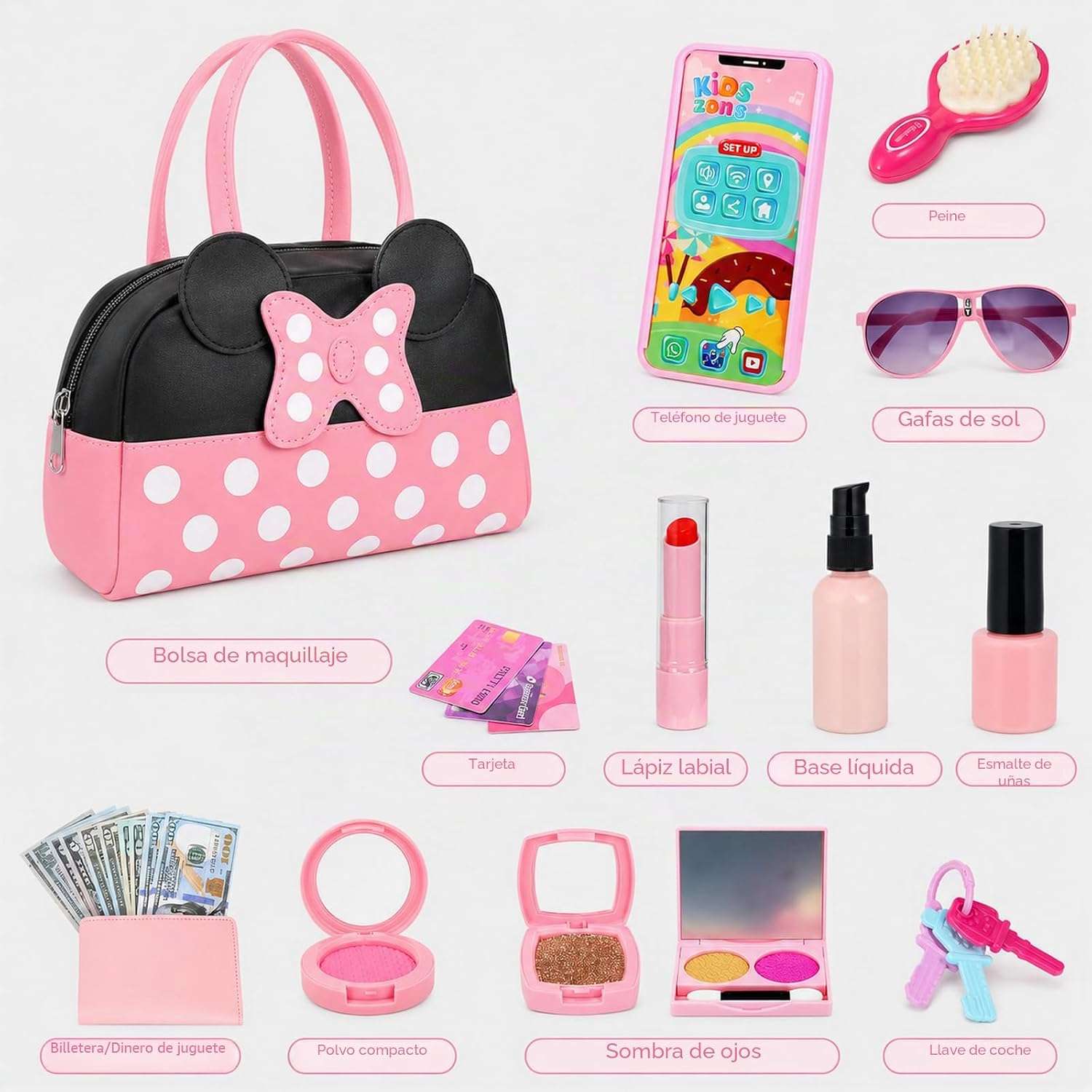bolso de juguete para niñas con maquillaje falso, teléfono con sonido y accesorios