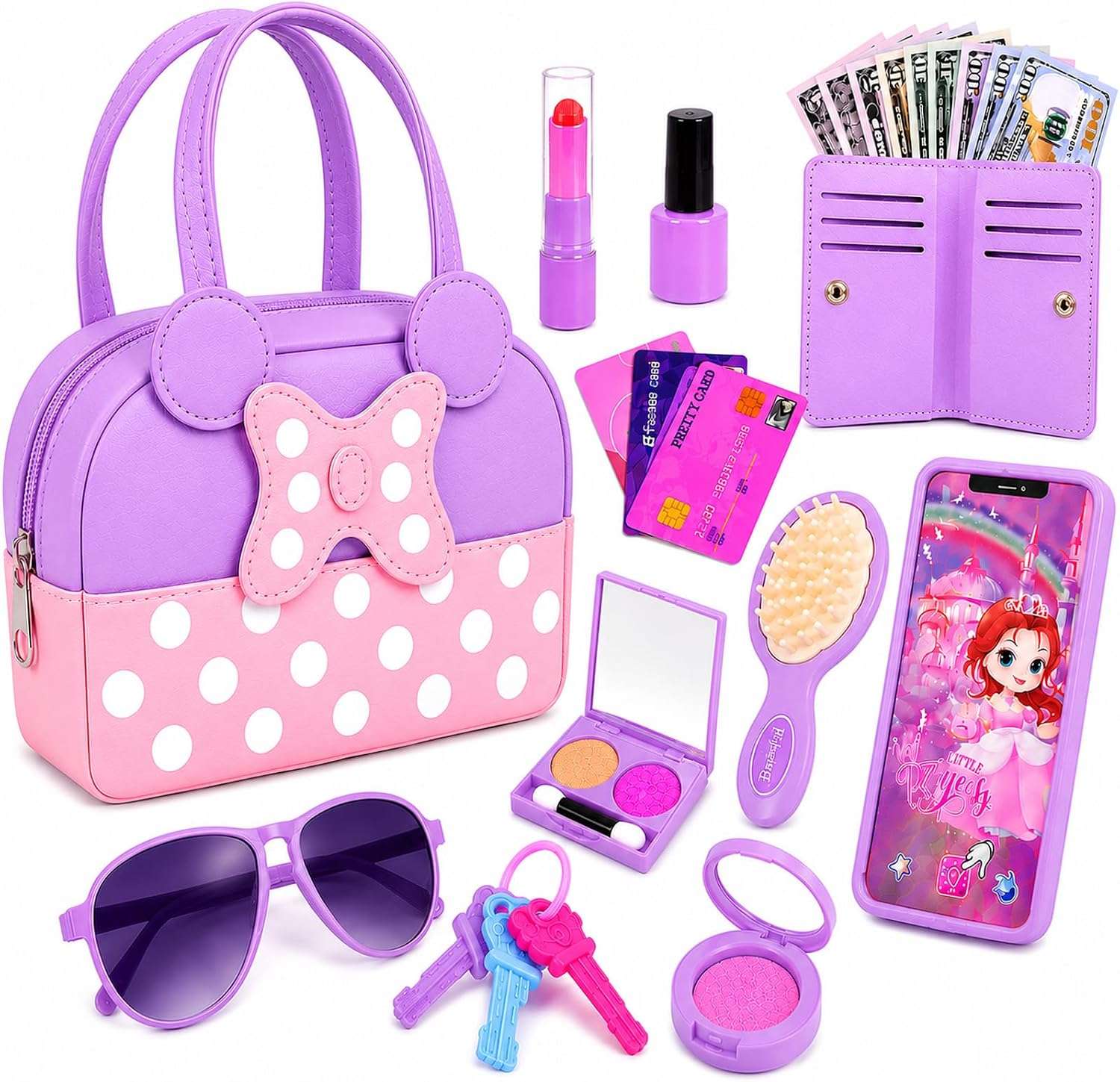 bolso de juguete para niñas con maquillaje falso, teléfono con sonido y accesorios