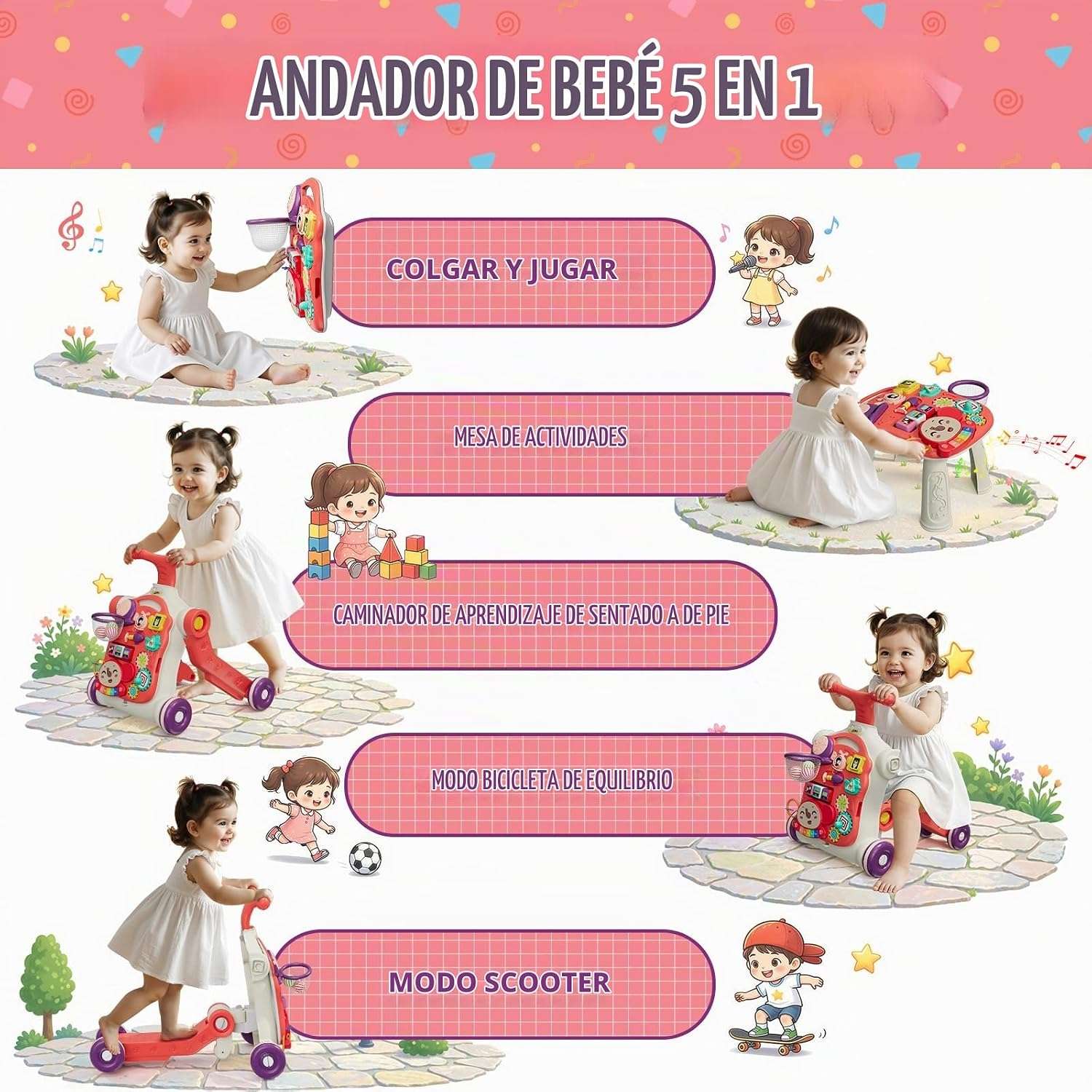 andador y centro de actividades 5 en 1 con piano y juegos didácticos para bebés