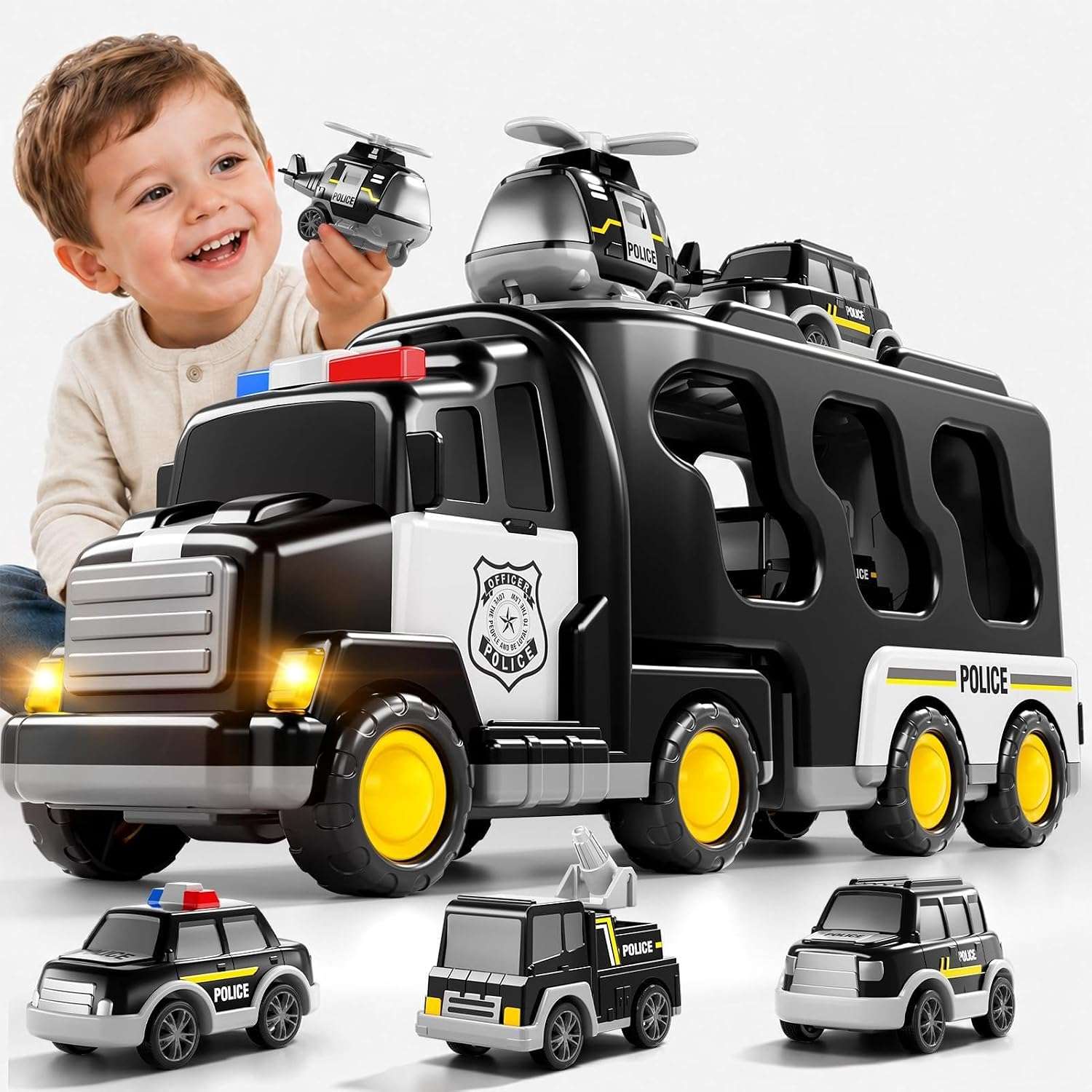 camión de policía transportador grande con cuatro cochecitos y luces para niños pequeños