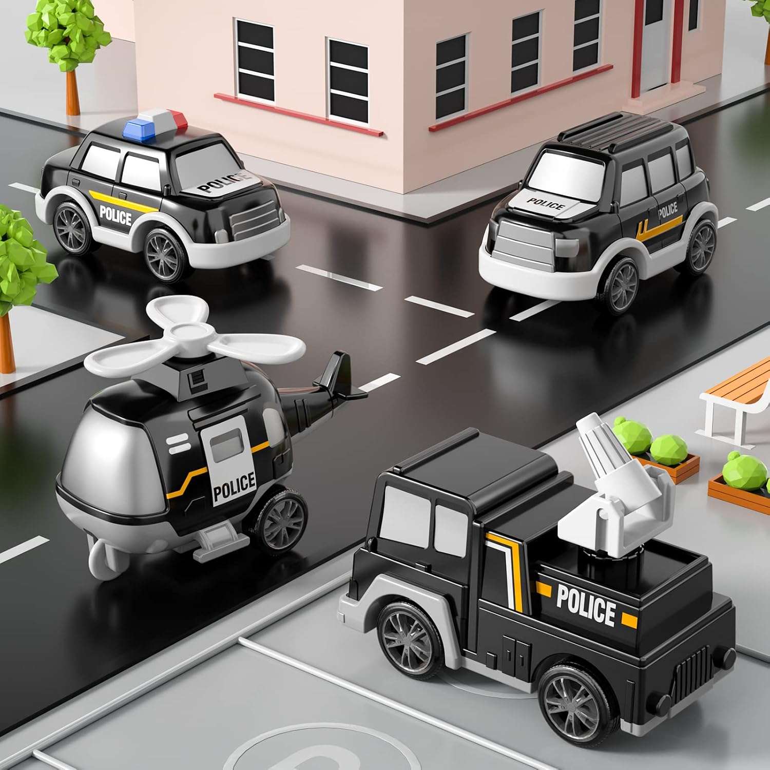 camión de policía transportador grande con cuatro cochecitos y luces para niños pequeños