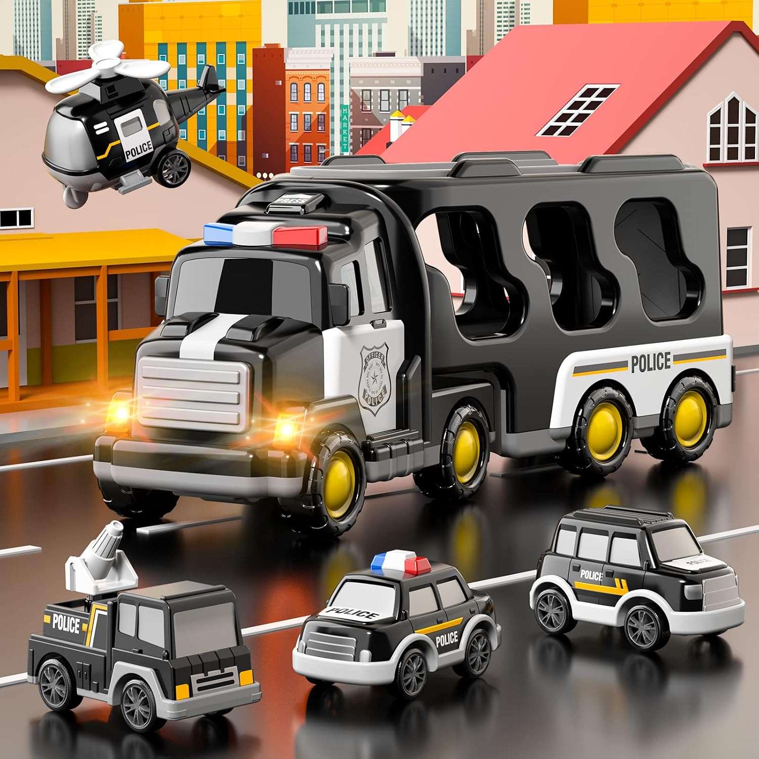 camión de policía transportador grande con cuatro cochecitos y luces para niños pequeños