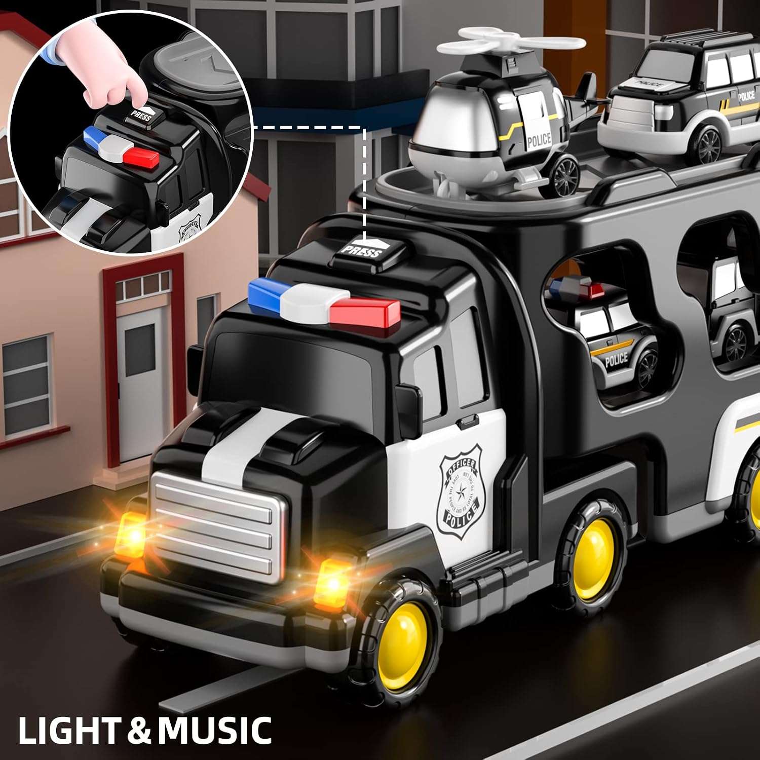 camión de policía transportador grande con cuatro cochecitos y luces para niños pequeños