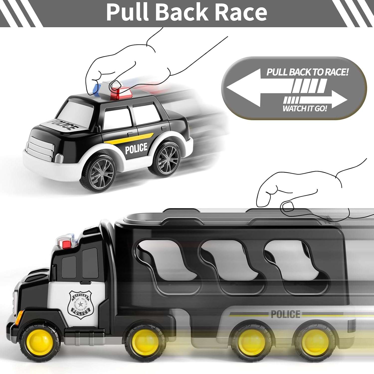 camión de policía transportador grande con cuatro cochecitos y luces para niños pequeños