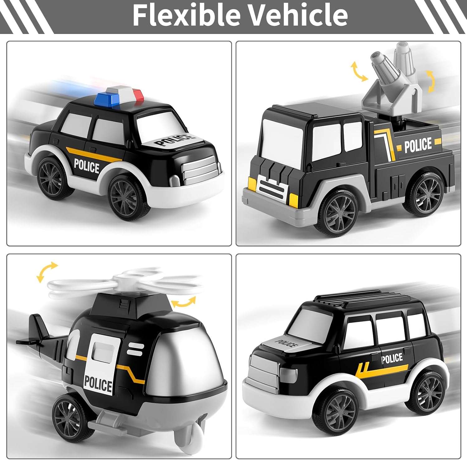camión de policía transportador grande con cuatro cochecitos y luces para niños pequeños