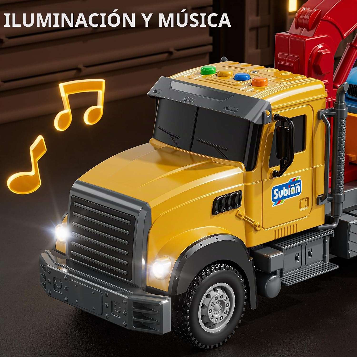 camión grúa de juguete con brazo retráctil, luces y sonidos para niños