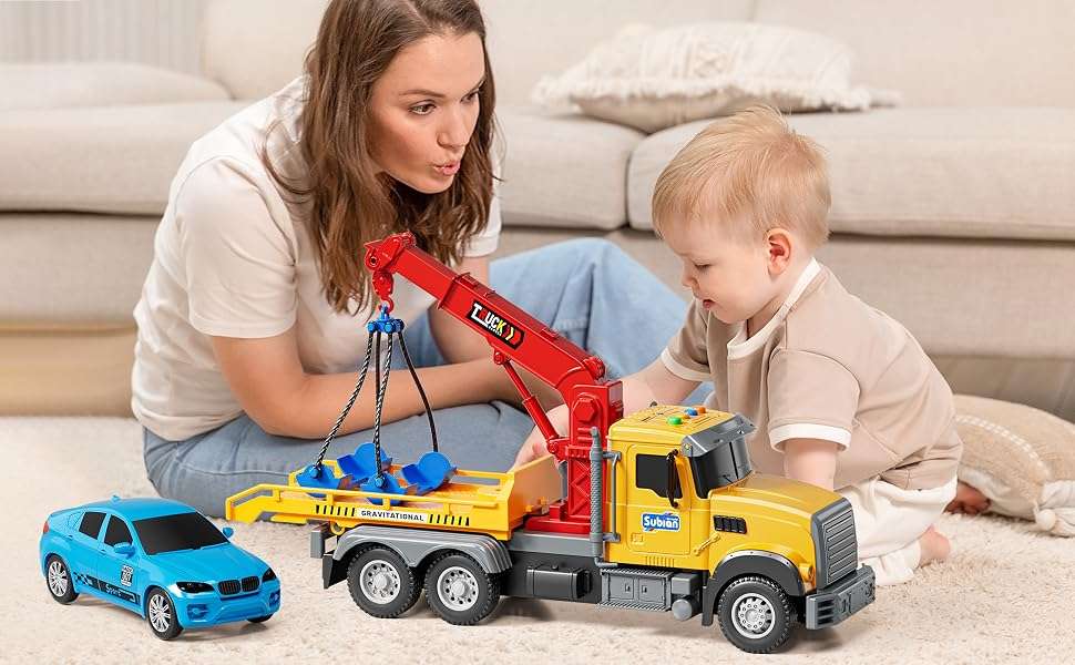 camión grúa de juguete con brazo retráctil, luces y sonidos para niños