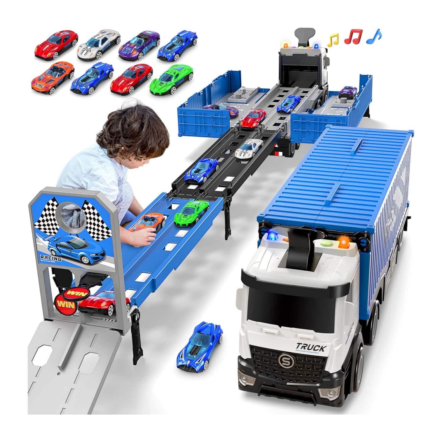 camión transportador de juguete plegable de tres niveles con pista de carreras y 8 autos para niños