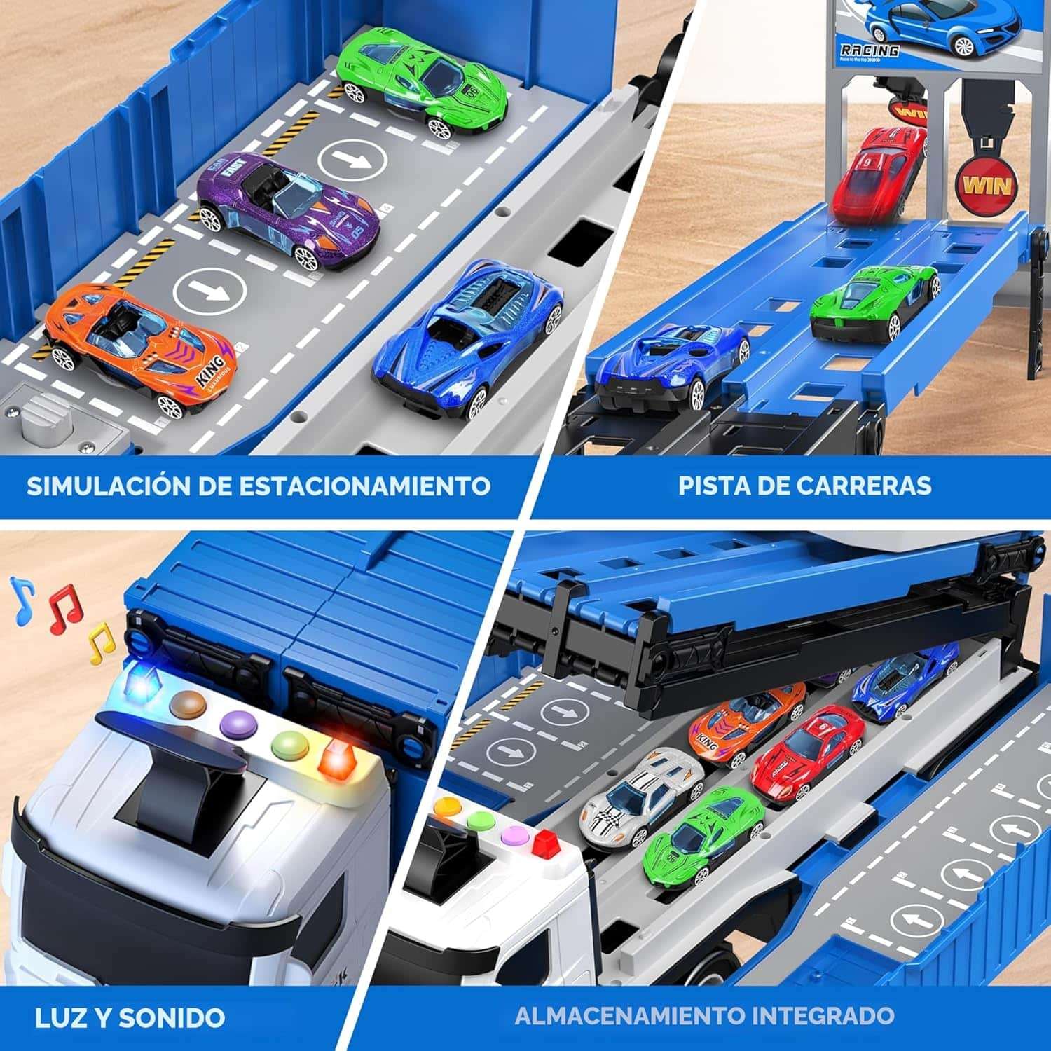 camión transportador de juguete plegable de tres niveles con pista de carreras y 8 autos para niños