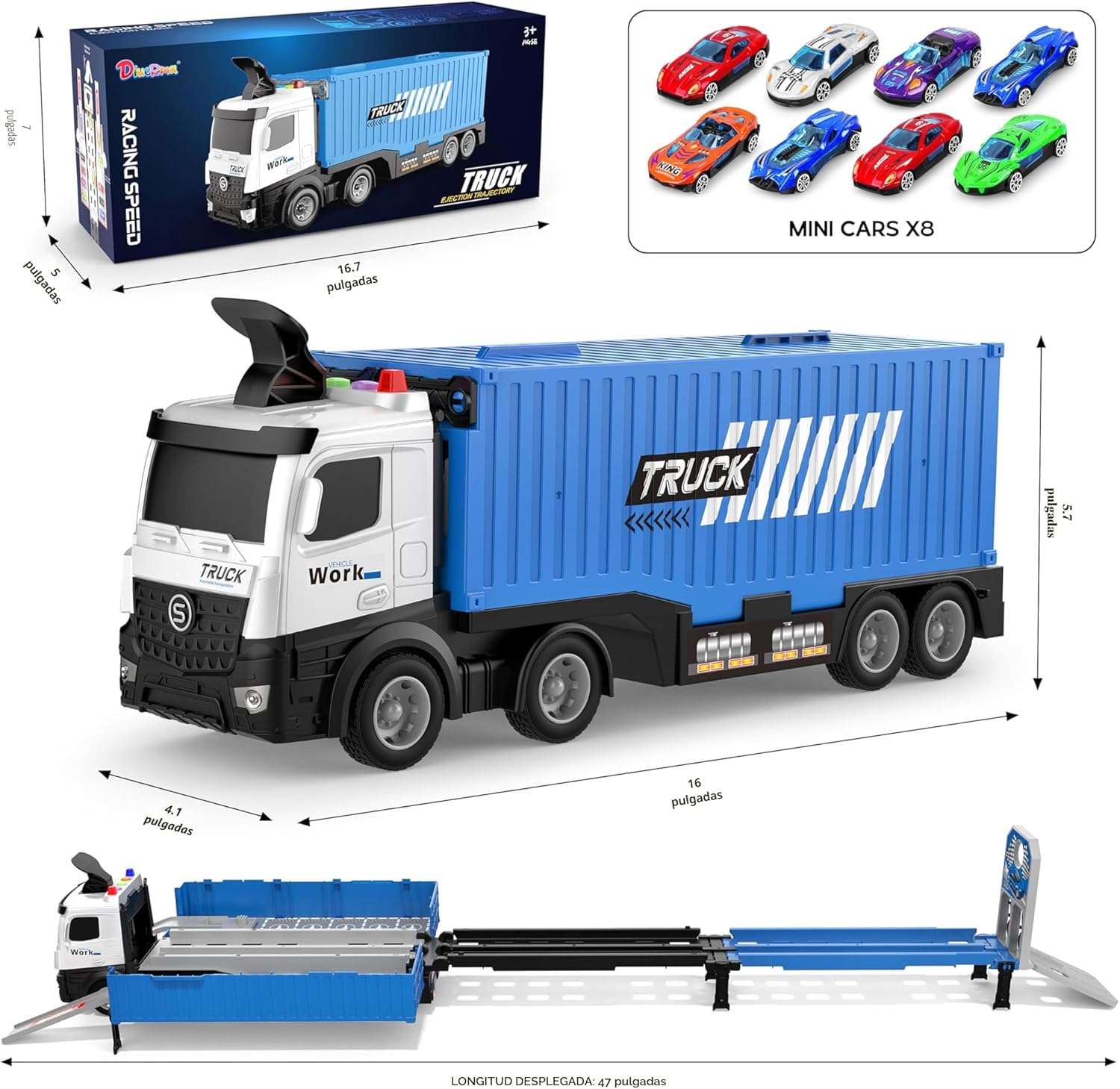 camión transportador de juguete plegable de tres niveles con pista de carreras y 8 autos para niños
