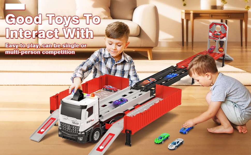camión transportador de juguete plegable de tres niveles con pista de carreras y 8 autos para niños
