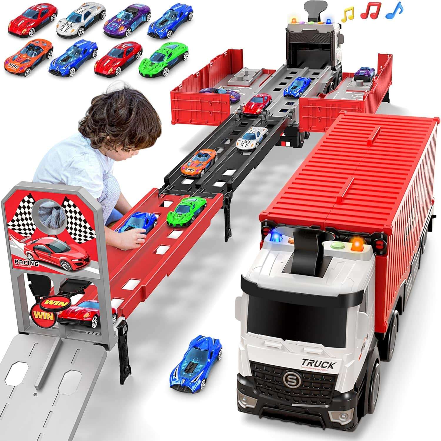 camión transportador de juguete plegable de tres niveles con pista de carreras y 8 autos para niños