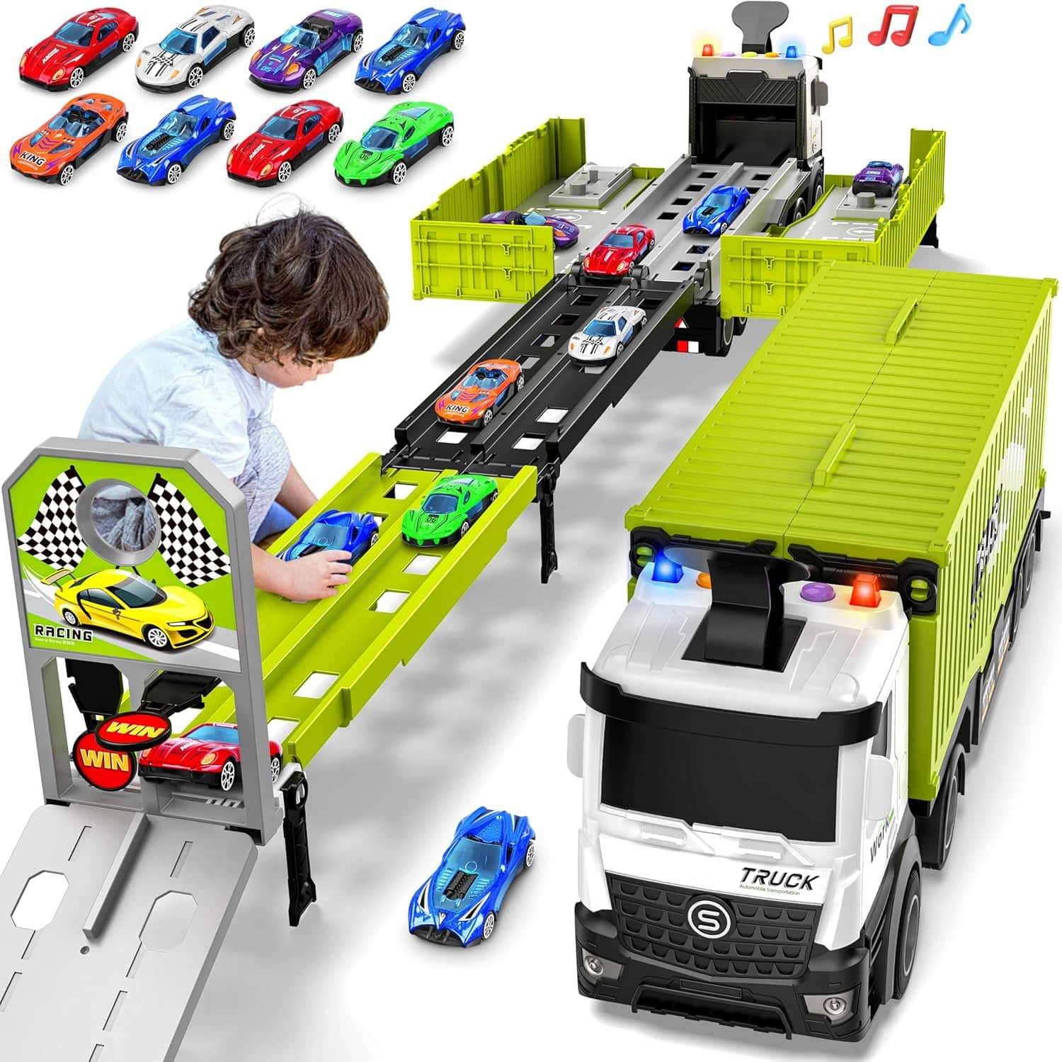 camión transportador de juguete plegable de tres niveles con pista de carreras y 8 autos para niños