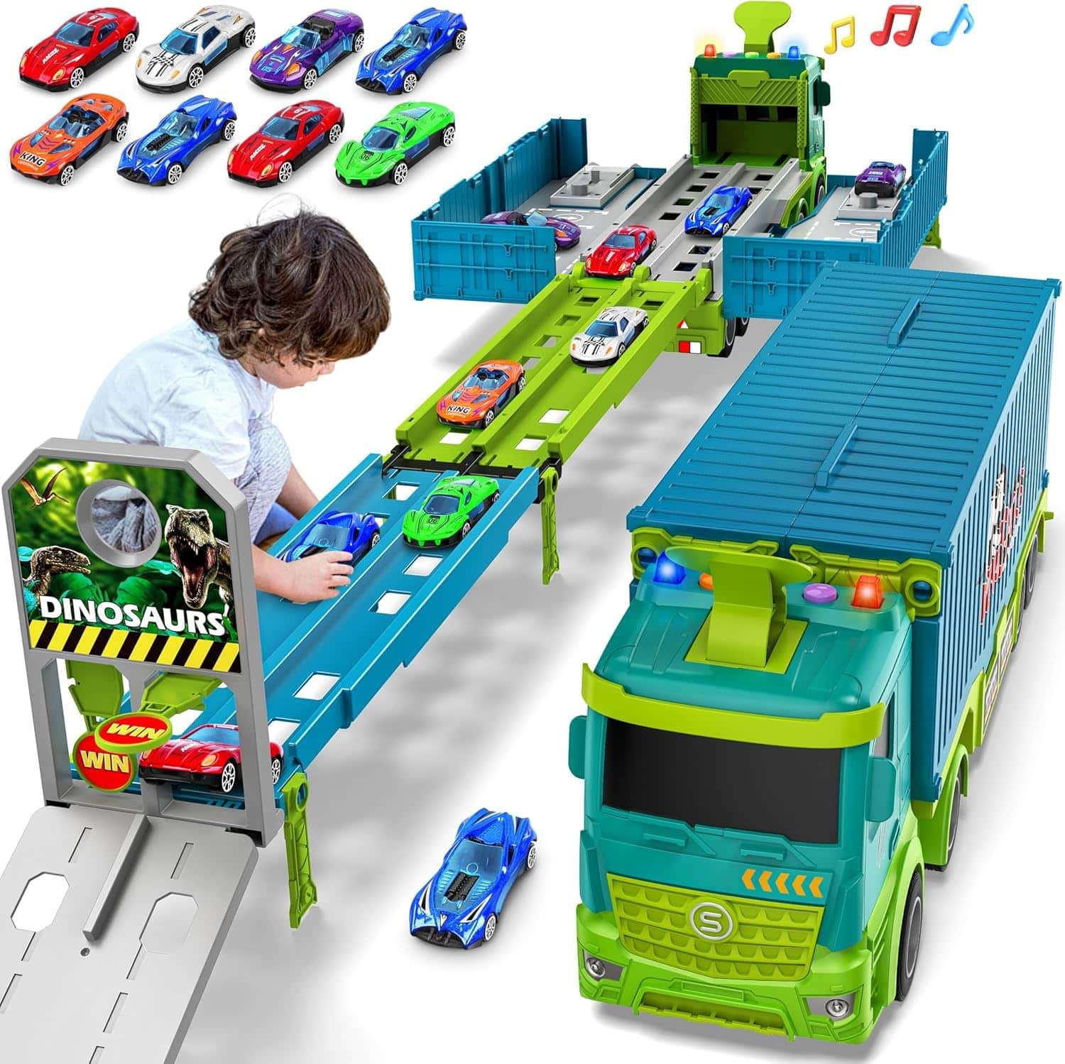 camión transportador de juguete plegable de tres niveles con pista de carreras y 8 autos para niños