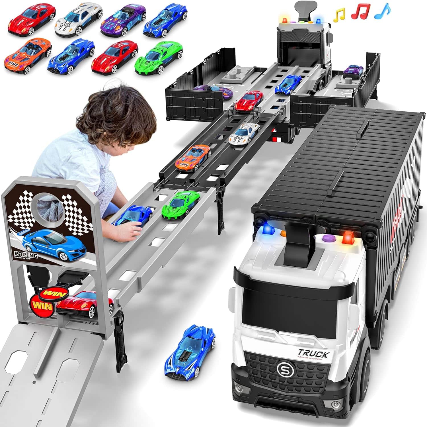 camión transportador de juguete plegable de tres niveles con pista de carreras y 8 autos para niños