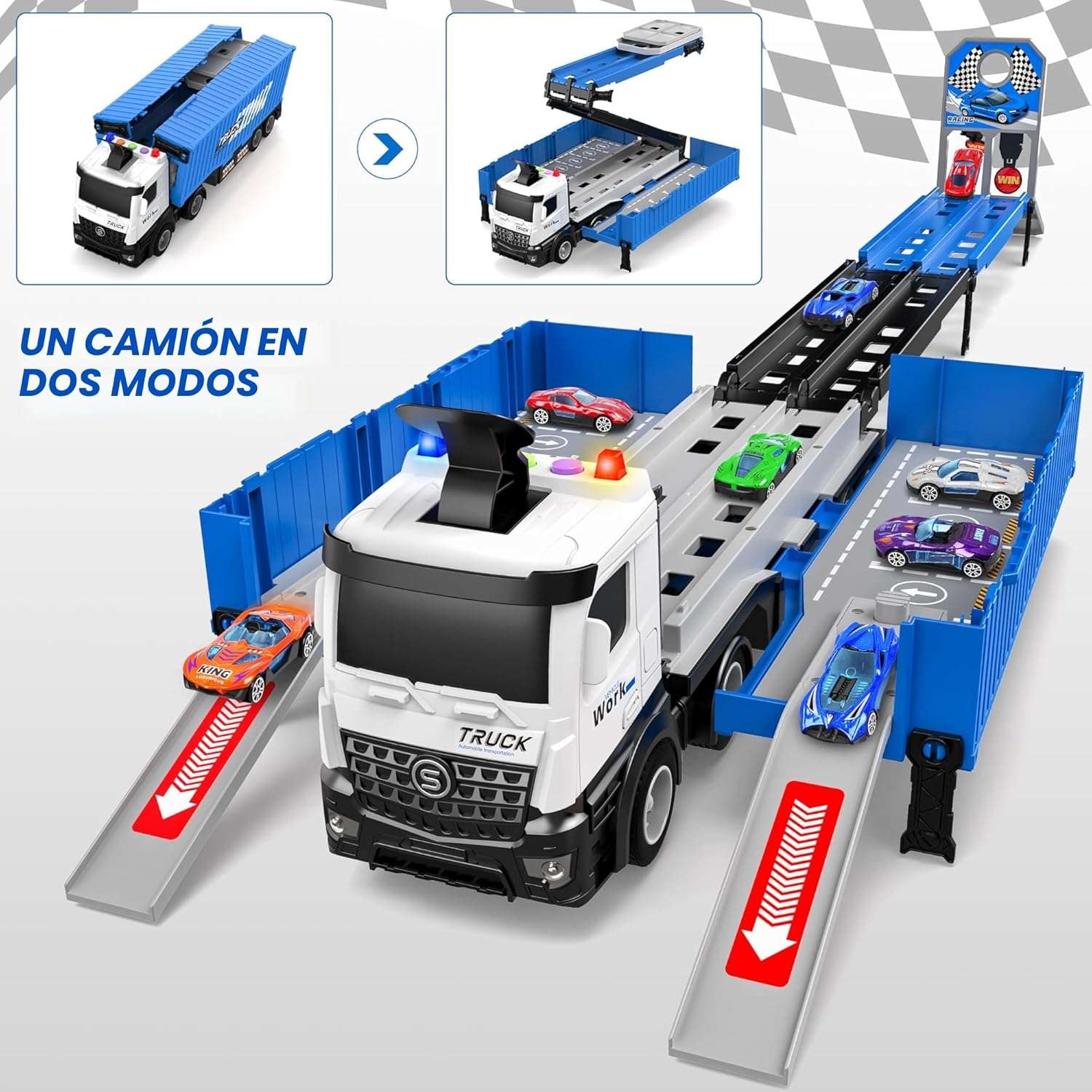 camión transportador de juguete plegable de tres niveles con pista de carreras y 8 autos para niños