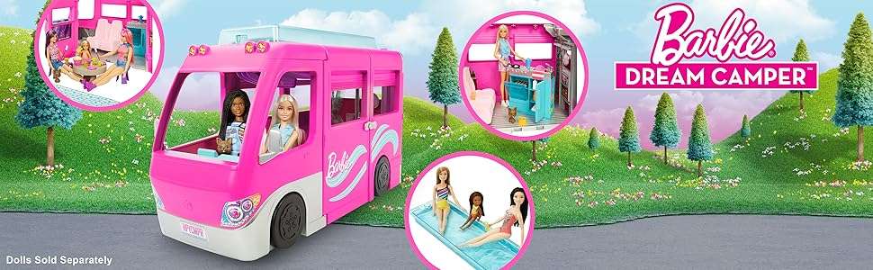 caravana de barbie dream camper con tobogán, piscina y 60 accesorios