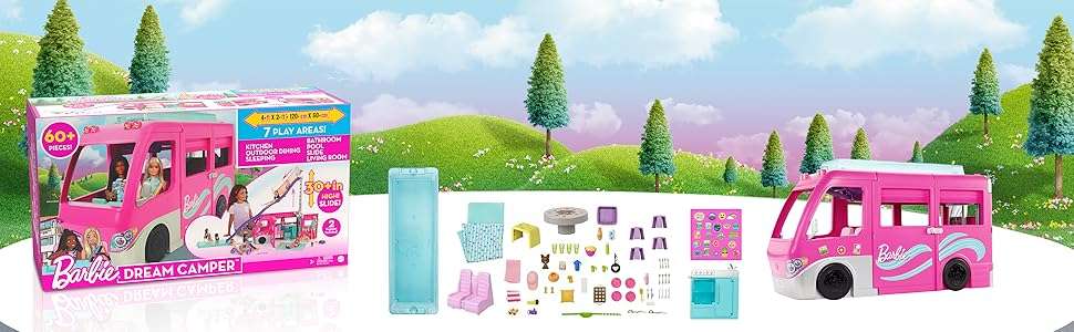 caravana de barbie dream camper con tobogán, piscina y 60 accesorios