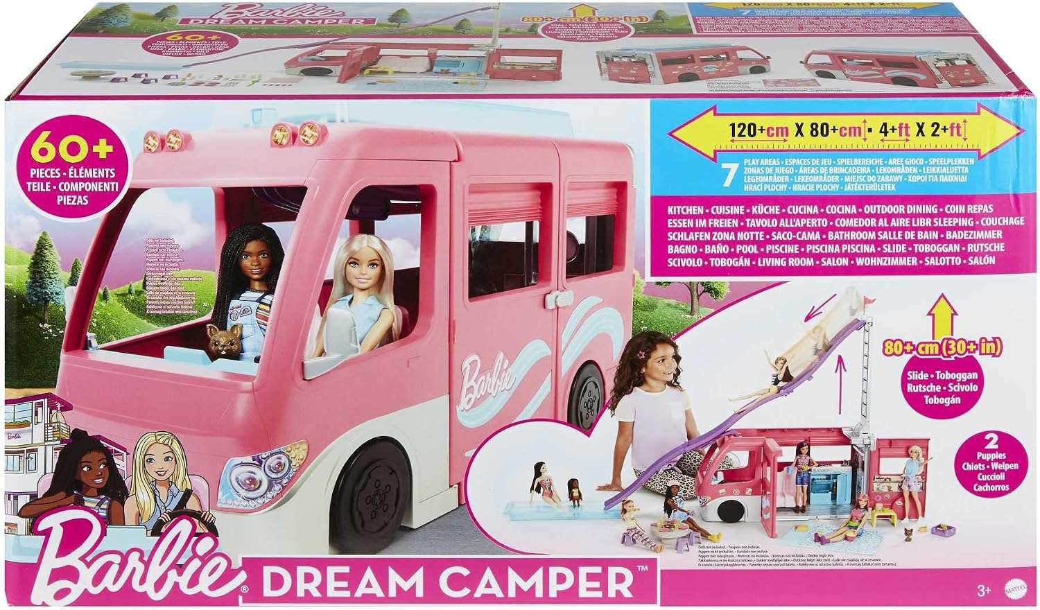 caravana de barbie dream camper con tobogán, piscina y 60 accesorios