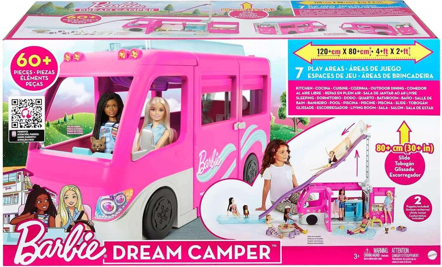 caravana de barbie dream camper con tobogán, piscina y 60 accesorios