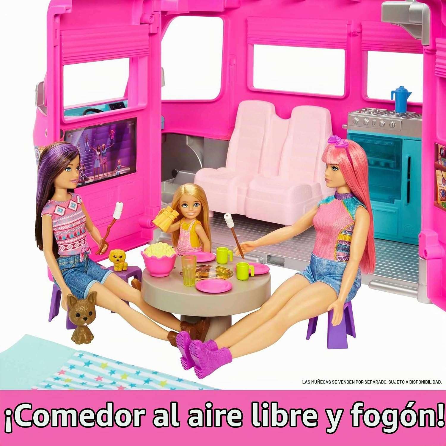 caravana de barbie dream camper con tobogán, piscina y 60 accesorios