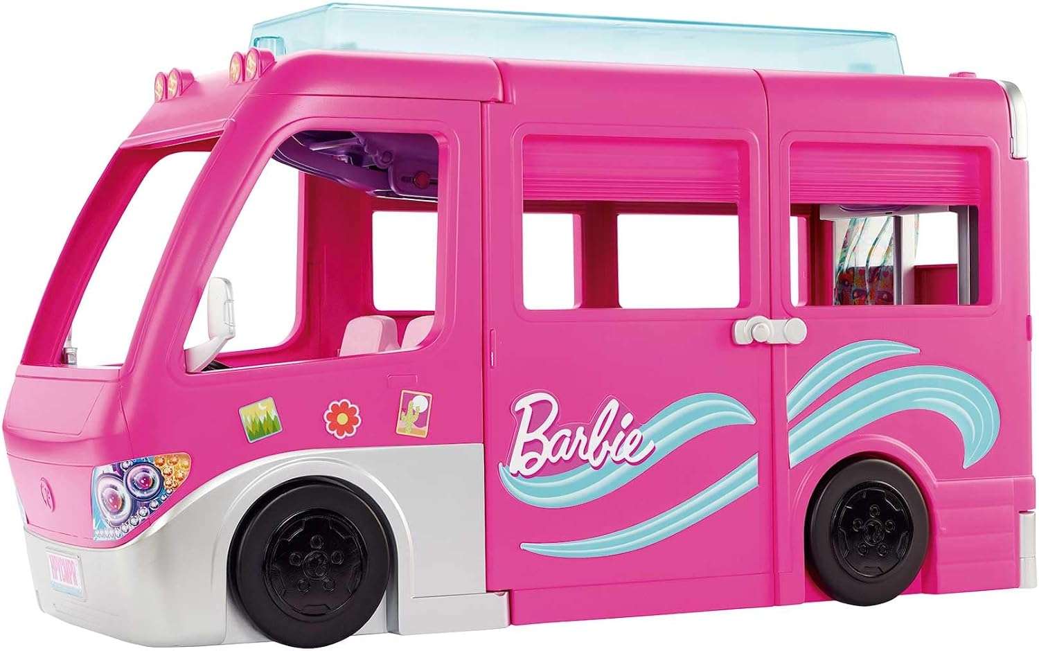 caravana de barbie dream camper con tobogán, piscina y 60 accesorios