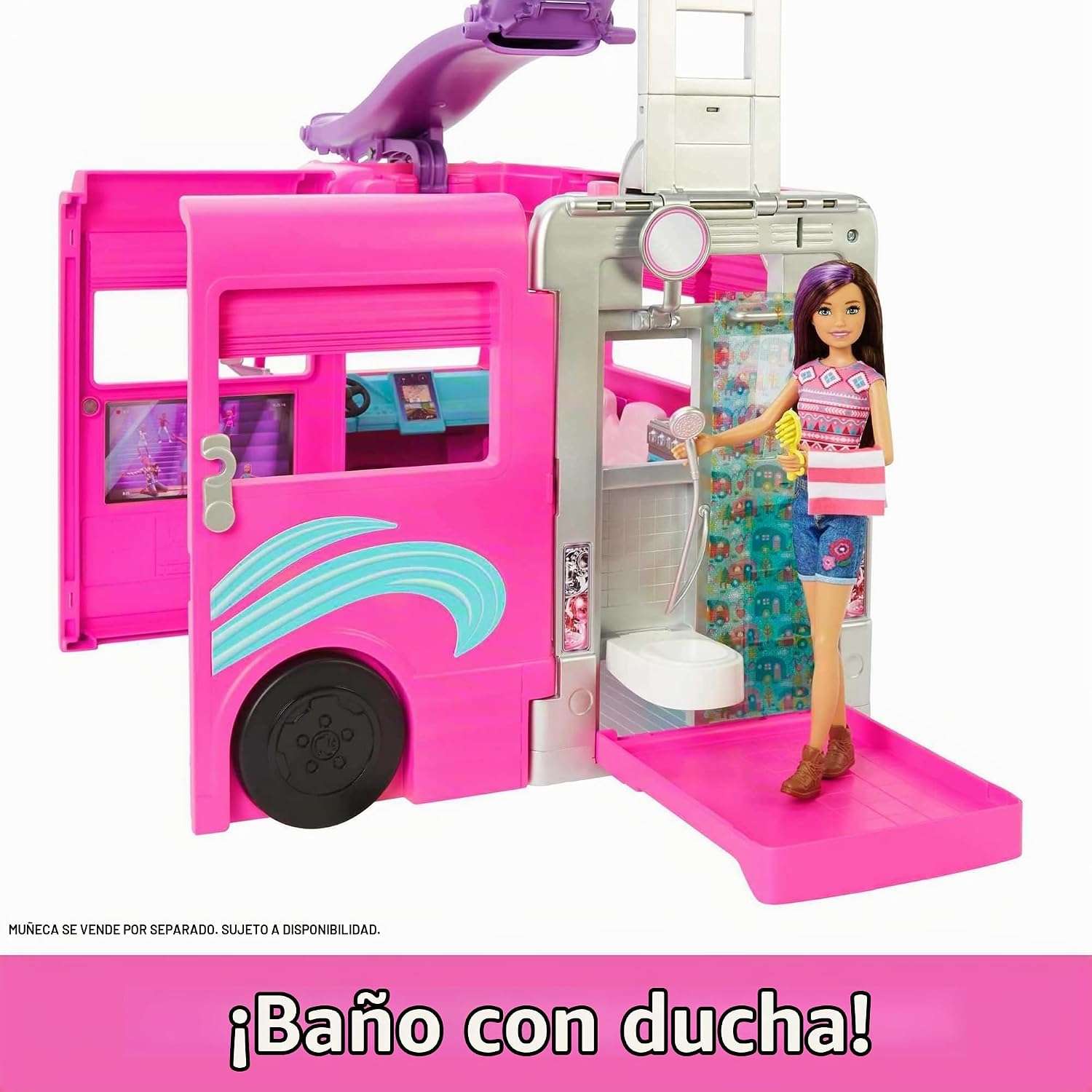 caravana de barbie dream camper con tobogán, piscina y 60 accesorios