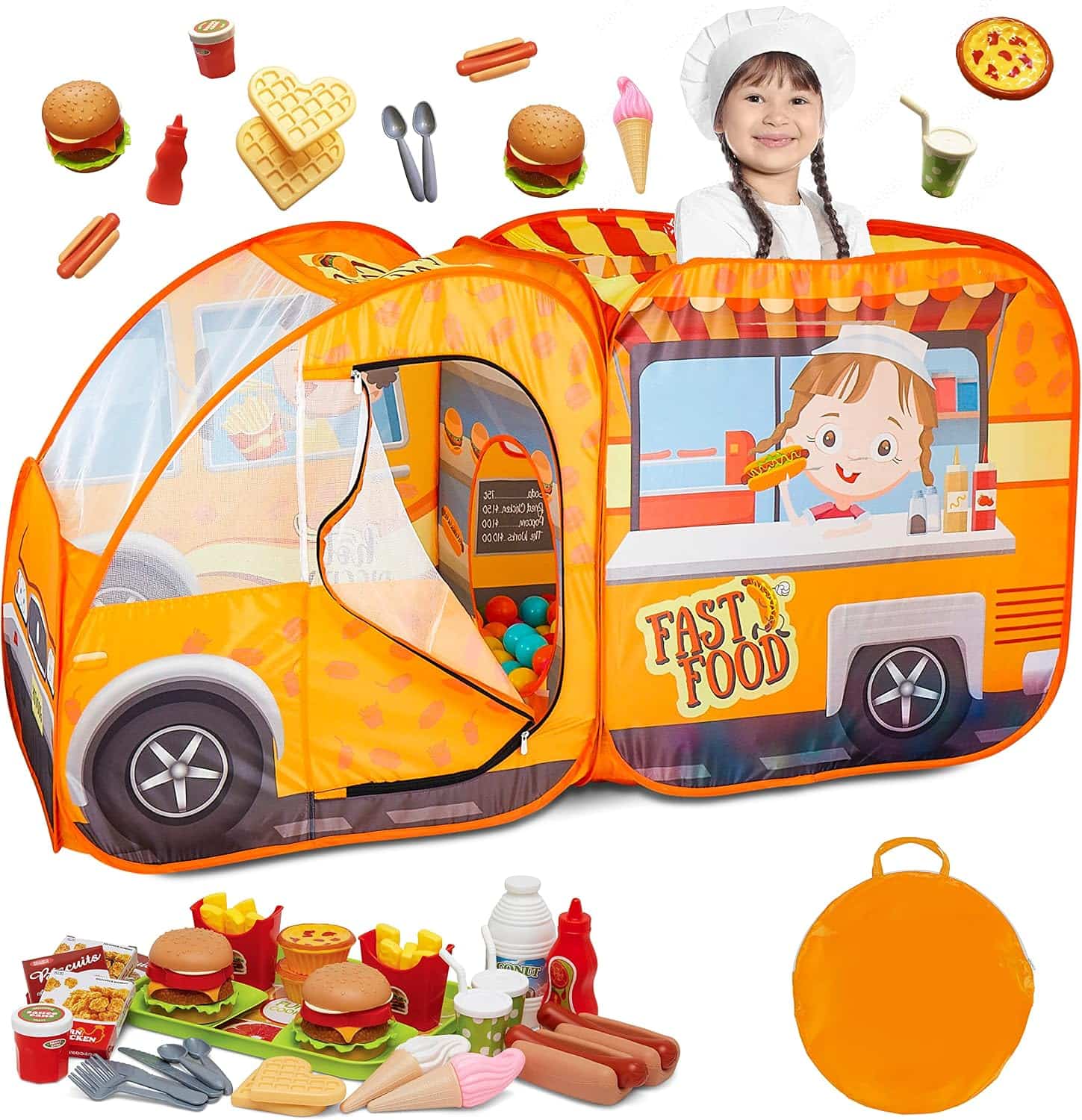 carpa de camión de comida para niños con 54 piezas de alimentos y accesorios