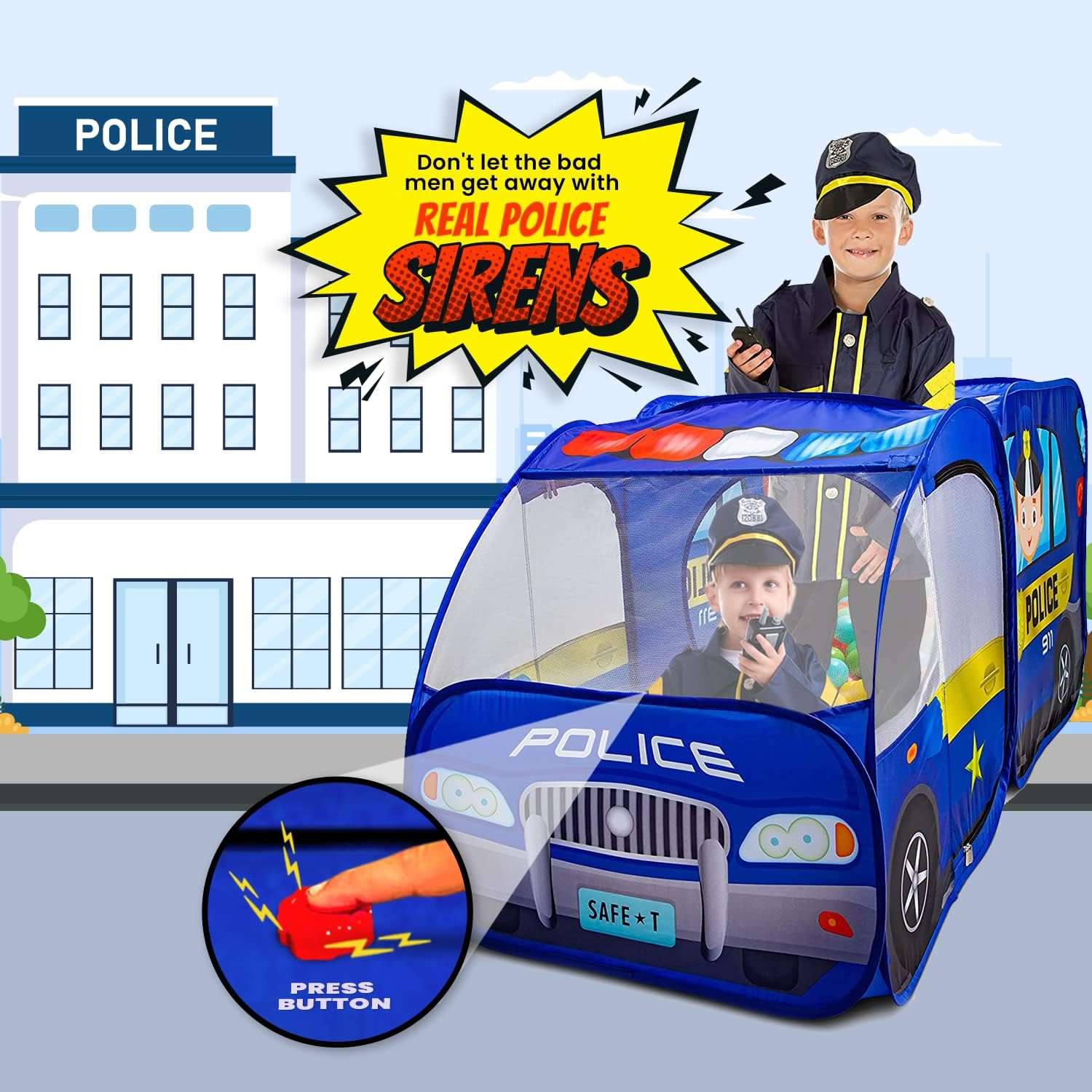 carpa de juego de policía desplegable con sonidos de sirena para niños