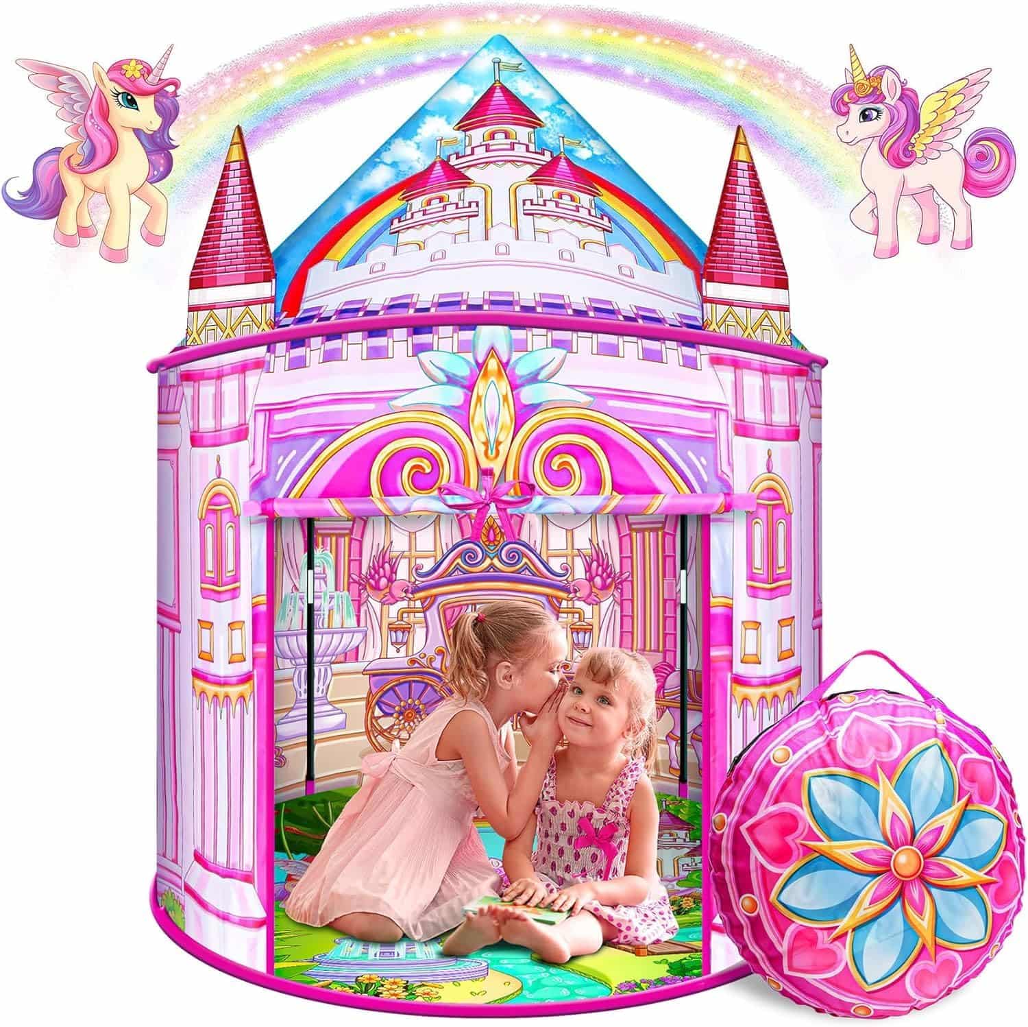 carpa de juego infantil de princesa arcoíris con ventanas de malla para niñas